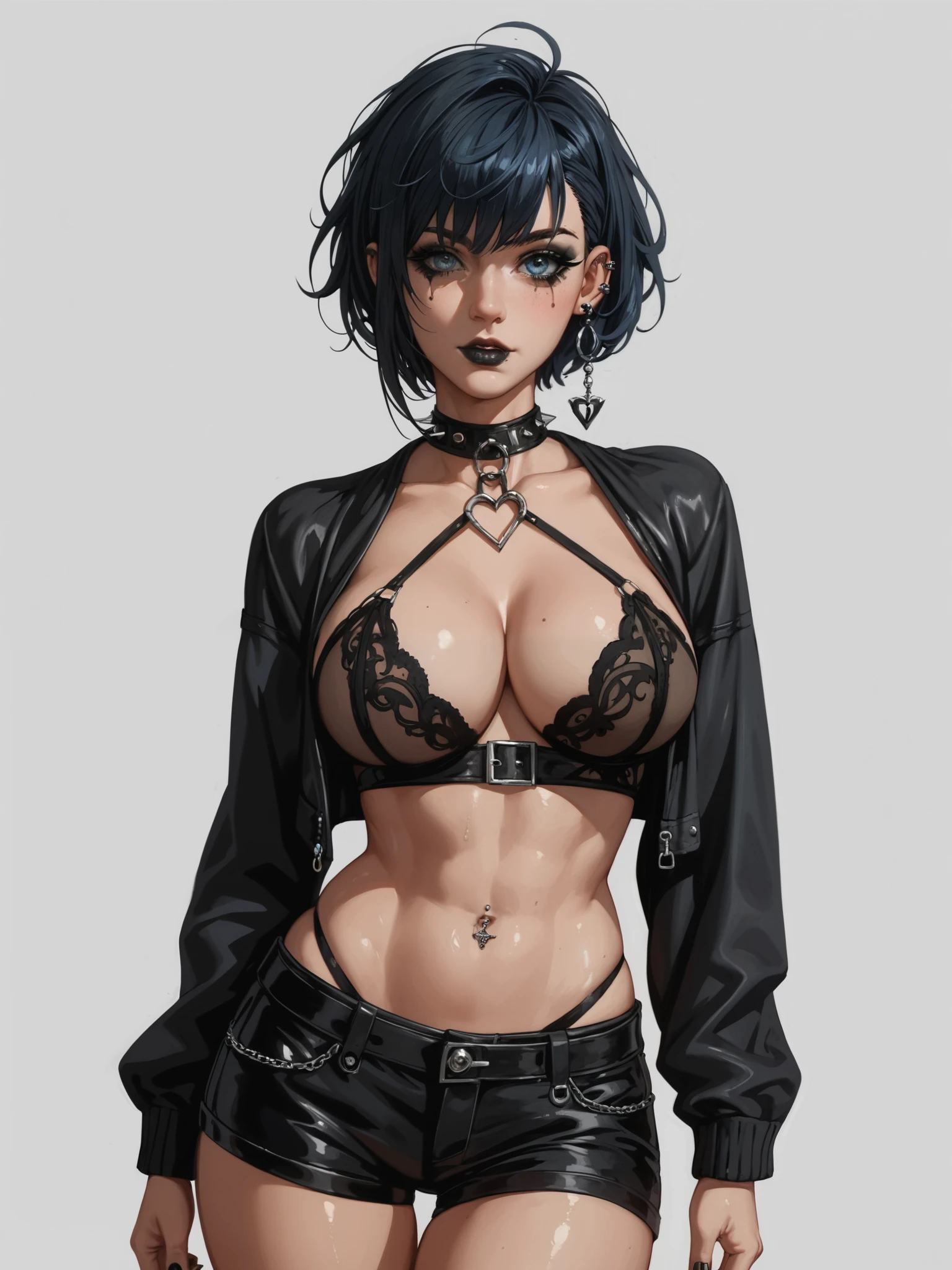 ((highest quality)), ((masterpiece)), (be familiar with), {{nsfw}}, BLEACH,Soi Fon, 1 girl, alone,  erect nipples, black hair,slanted eyes, Black clothes,jeans, Slender,slender,short hair with long locks, short hair, small breasts, No bra, gloves, put your hand on your waist