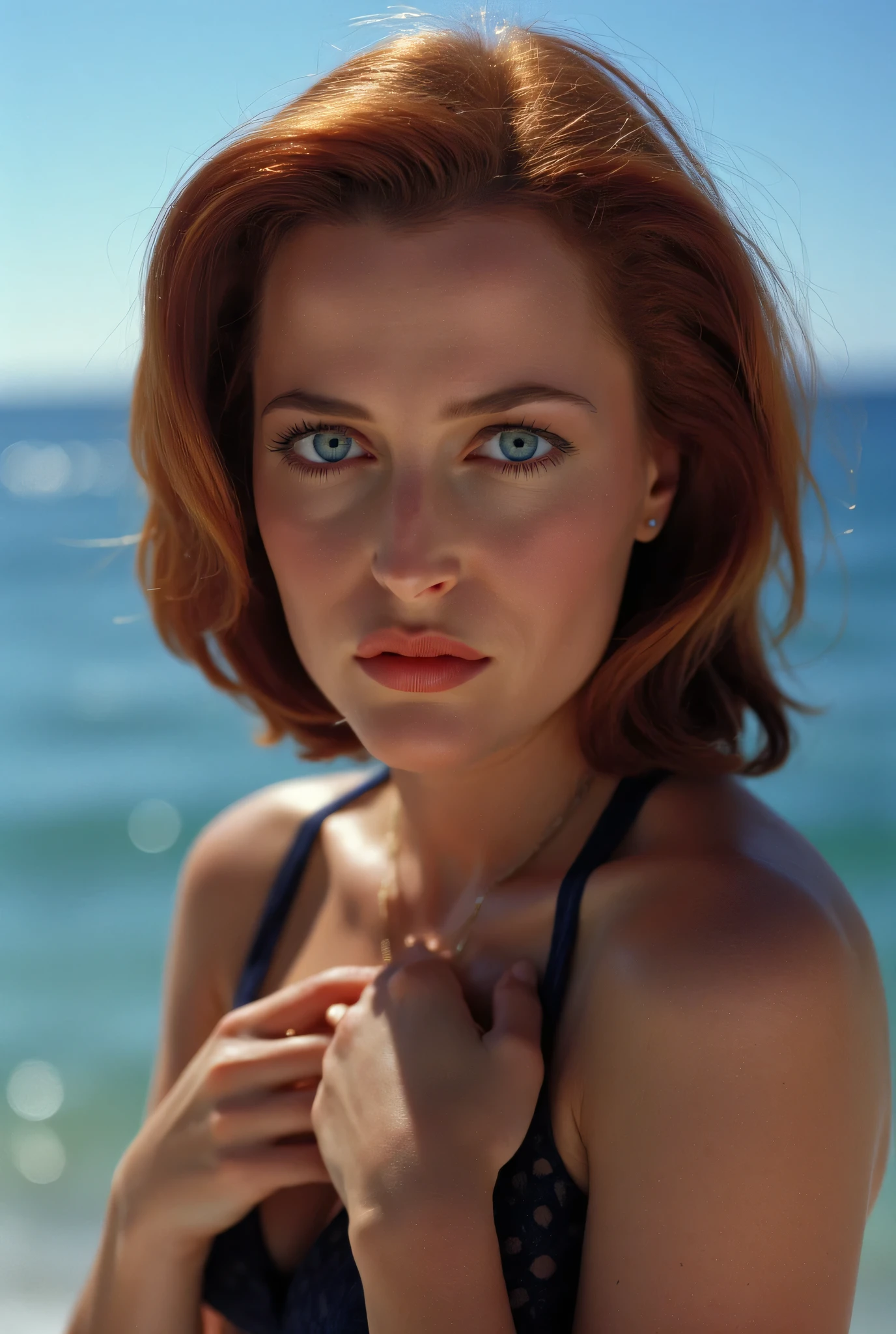 A woman 35 years 1girl, a realistic photo of Dana Scully, featuring a beautifully detailed face with captivating eyes and a serene expression, The image showcases her natural beauty, focusing on her flawless skin and delicate features, The lighting enhances her features, creating a soft interplay of light and shadow, while the high-resolution quality captures every detail with photo-realistic clarity, Her hair is styled in an intricate and unique fashion, adding to her ethereal and timeless aura, (pale skin, detailed skin, detailed face), (brown hair), (beautiful makeup, eyeliner, long eyelashes), (she is naked, naked breasts, wearing dark-blue transparent very-high-leg micro-bikini g-string panties, dark-blue platform high heels, beautiful golden earrings, golden necklace), (wet face, wet body), (a beautiful sea behind with clear blue water), (standing and covering her breasts using own hands, holding own breasts tight), (full body photo), perfect anatomy, perfect fingers