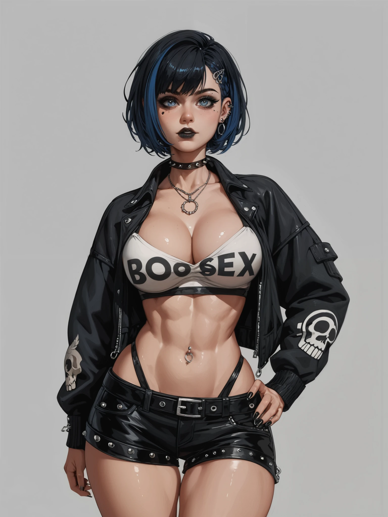 best quality , extreme Detail, young woman, emo, goth girl, black makeup , black short wild hair, cute face, wild look, big breasts , (H90 ), (wide hips), young woman ist schlank, young woman schaut Beobachter an, young woman trägt ein Enges Schwarzes Sexy Korsett, young woman steht alleine in einem Bordel, young woman Posiert Sexy,