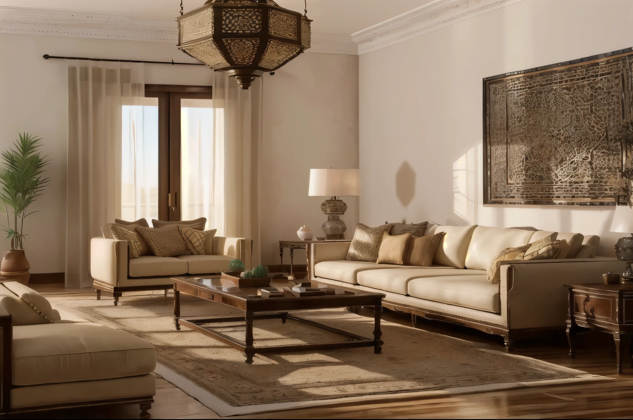 realistic details, Ultra real feel, Moroccan style living room interior design, furniture set, Moroccan floor, living room interior, interior design, Very accurate, big living room, warm light; Morocco