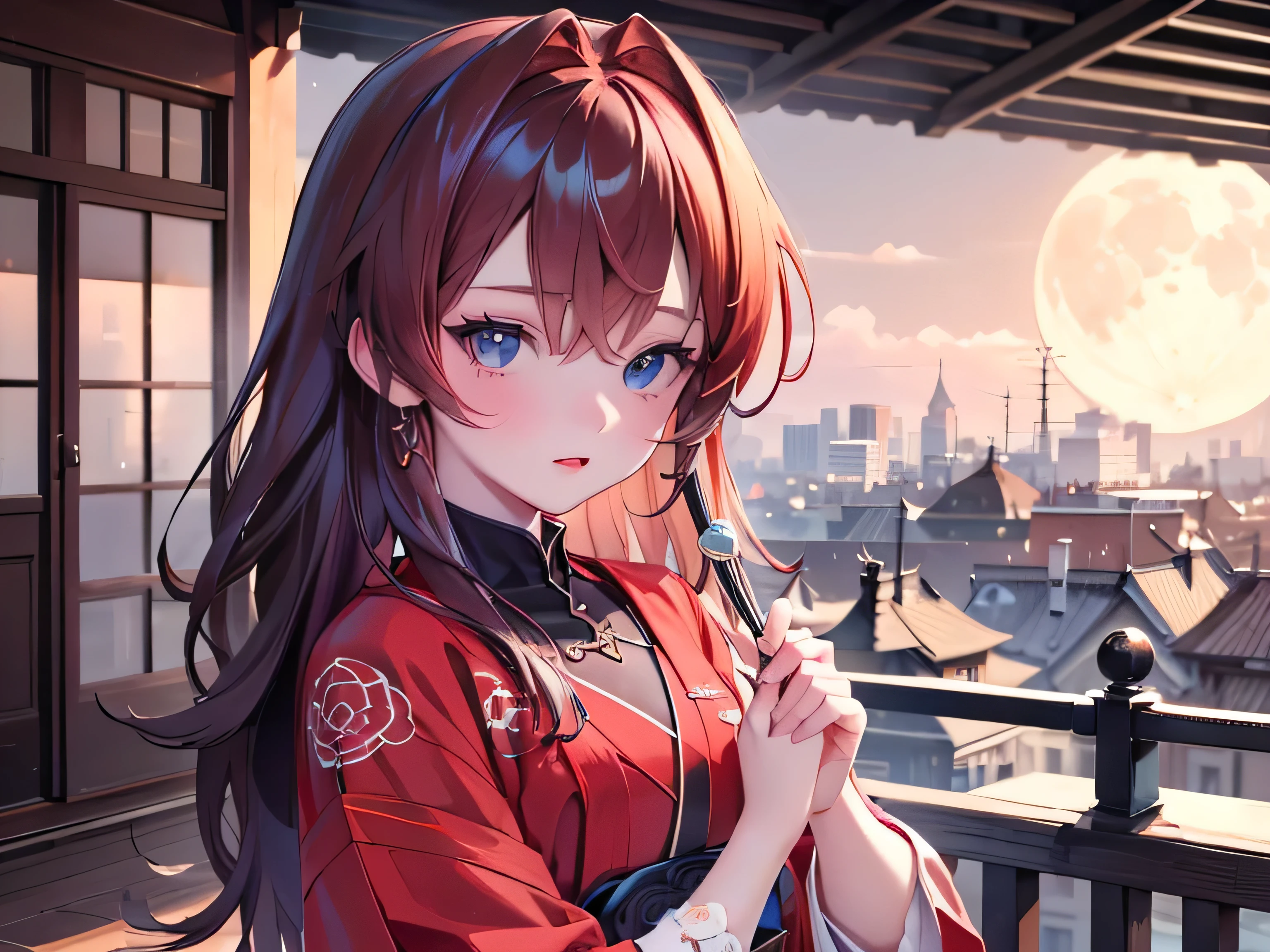 ((最 High Quality )), ((Masterpiece)), ( Details), 1 Girl, 8k resolution, Very Detailed, High Quality , 1 Girl, beautiful Japanese woman,18 years old, , Detailed face, one woman, terrace, Moon, beautiful