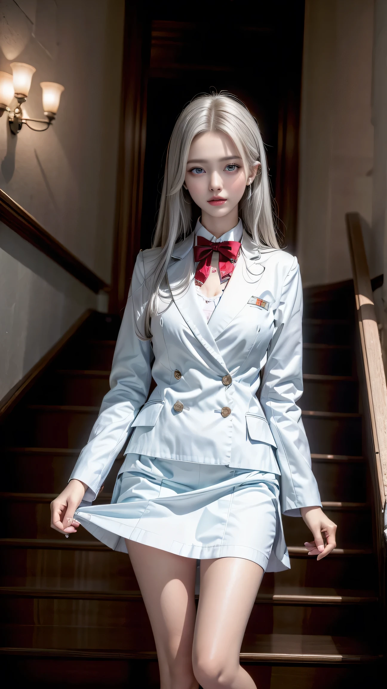 top quality work,Real work,Ultra premium graphics,8K HD CG works,high quality graphics,High-definition CG works,10x pixels,super fine details:1.1,Advanced technical details:1.1Photo-realistic,(Girl walking in the park)Natural light:1.5. light effect(virtual light effect:1.8),wet long silver hair,silver hair,transparent hair,high detail hair(premium hair detail:1.1)clear eyes,beautiful double eyelids,sharp eye makeup, delicate eyelash makeup, thin eyebrows, highly detailed eyes,high nose, nice red lips, rose cheeks, A face with delicate makeup , cute face, perfectly proportioned face,(Advanced facial details:1.1),shiny,wonderful dress,bright red series,(Wet white blazer with open front) 、(translucent wet white blouse)、(red bow tie)、(checked skirt)、、girls school uniform、photo shoot,woman'artwork of,full body figure,realism,wonderful,My eyes are shining today、(she is wet),(rain、Wind),(My skirt flies up in the wind),(panties are visible)、