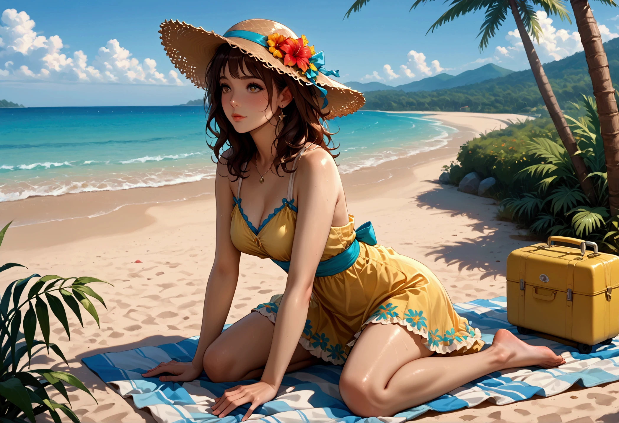 (masterpiece:1.2), (Highest quality:1.3), shallow_sunset, One girl, Are standing, cowboy_shot, straw_Have, Swimwear, dress, Shorts, flower, Starfish, 