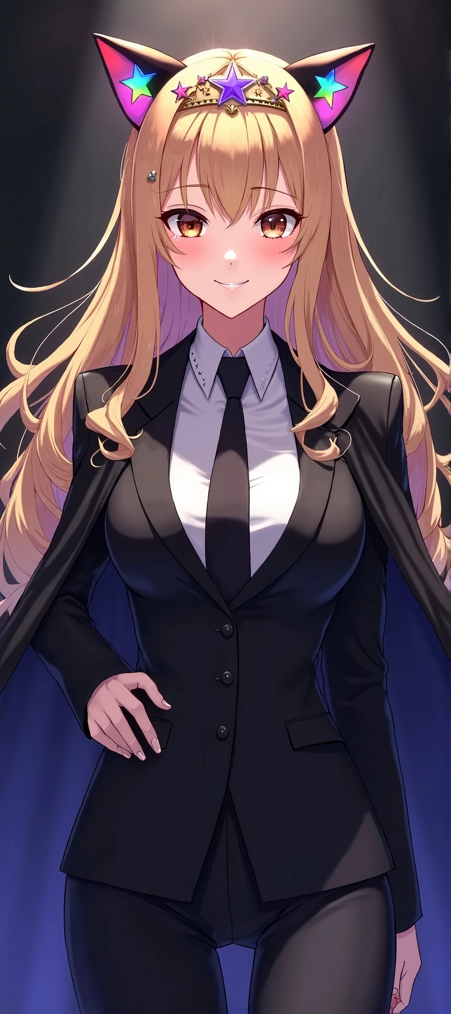1girl, cowboy shot, solo,  lit pupils, cat ears, smile, closed mouth, looking at viewer, braided ponytail, ringed eyes, large breasts, curvy, wide hips, thighs, formal, black jacket, shirt, black necktie, long sleeves, black pants, w-w-chain, spread arms, dungeon