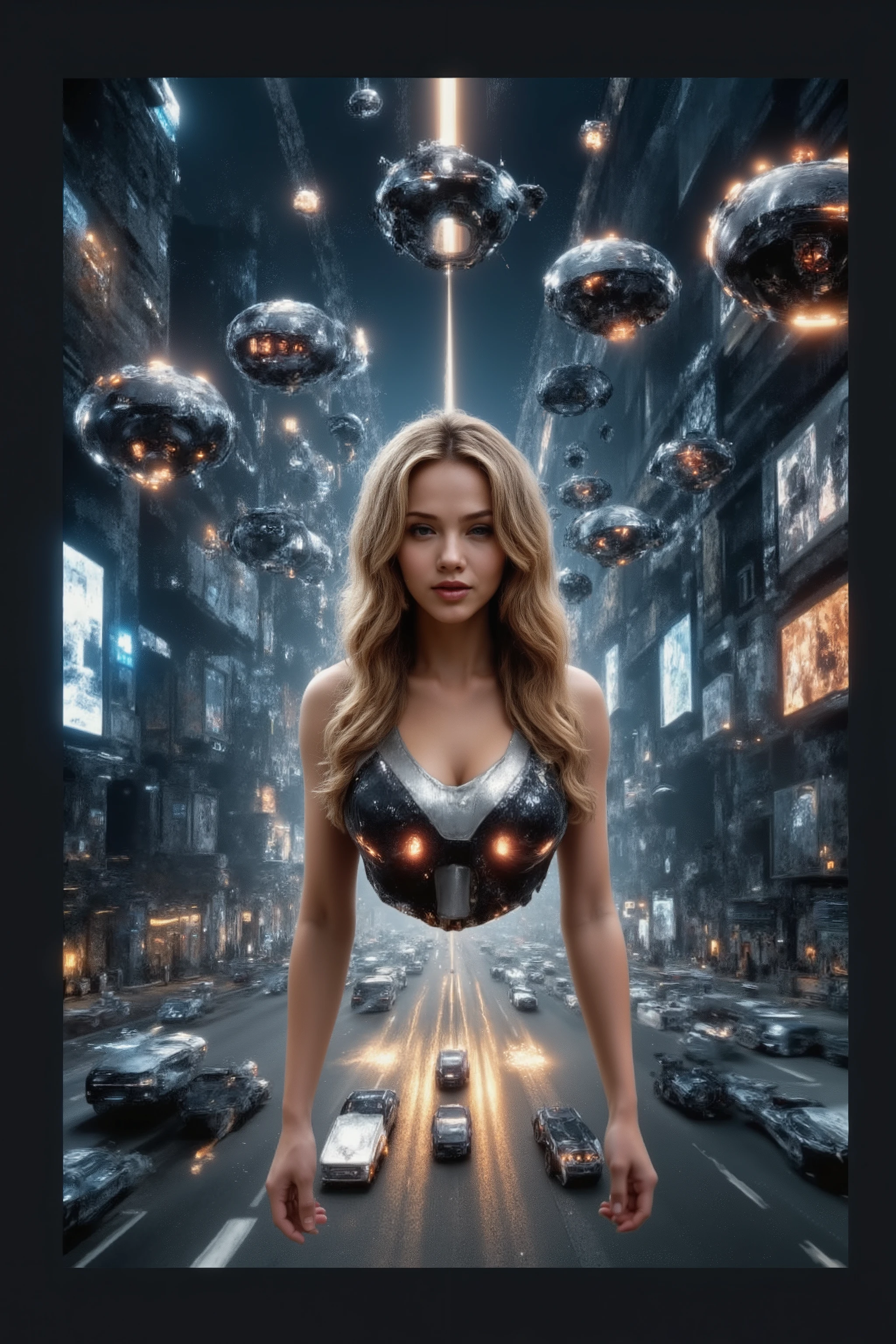 (best quality,4k,8k,highres,masterpiece:1.2), photorealistic,photo-realistic:1.37),highly detailed, futuristic metropolis.Super high skyscrapers with media screens covering the structures instead of windows. 2 hover vehicles, one super reflective black, and one bright glossu red and silver flying high and low leave trails of color and light behind as they chase each other. Speed lines. Motion lines. Hover bikes follow close while dodging drones that litter the crystal clear sky. 3D, realism, cinematic photography, cinematic lighting, cinematic portrait, portrait photography, cinematography, full focus, UHDR, hyperrealistic, visually disorienting, portrait photography, surrealism, etheral, cyberpunk cityscape, futurism, highest quality, masterpiece.