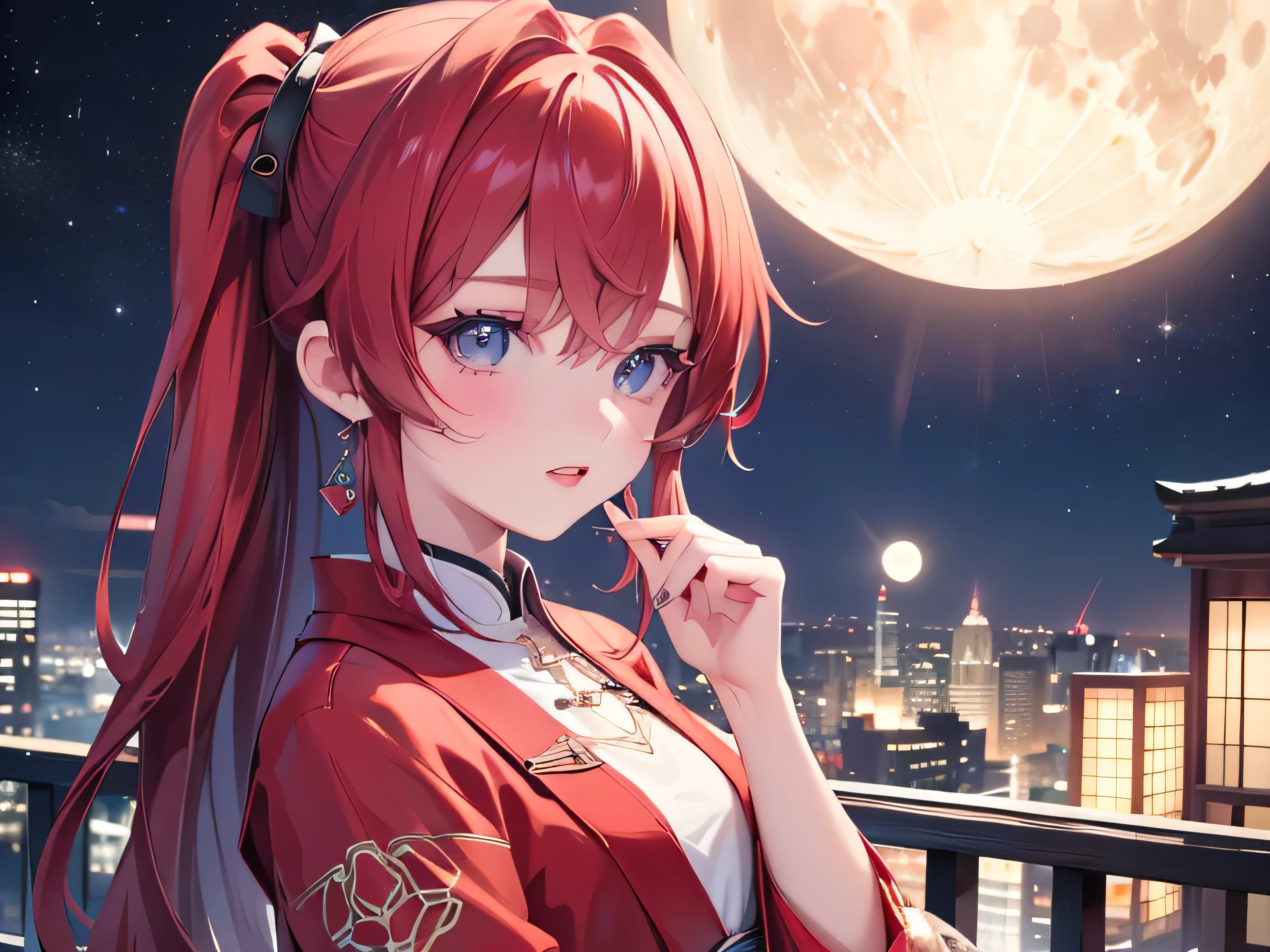 ((最 High Quality )), ((Masterpiece)), ( Details), 1 Girl, 8k resolution, Very Detailed, High Quality , 1 Girl, beautiful Japanese woman,18 years old, , Detailed face, one woman, terrace, Moon, beautiful