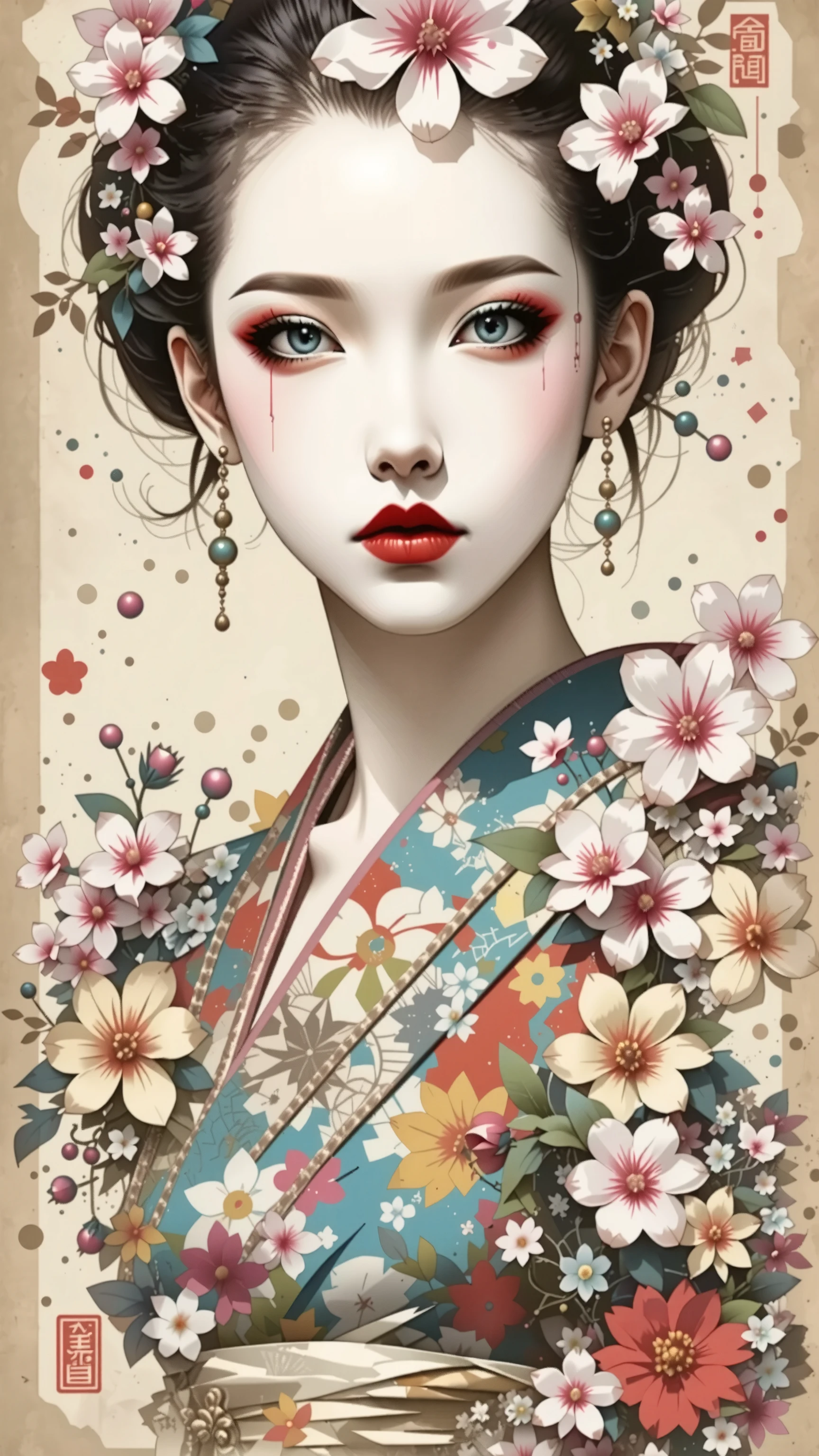 best quality, illustrator anime, style retro classic, Ink Painting、Old paper texture、Damaged Paper、Old style、Faded colors、Close-up of face、A painting in which only the courtesan's eyes are visible as cherry blossoms fall across the entire screen、Blurred Painting