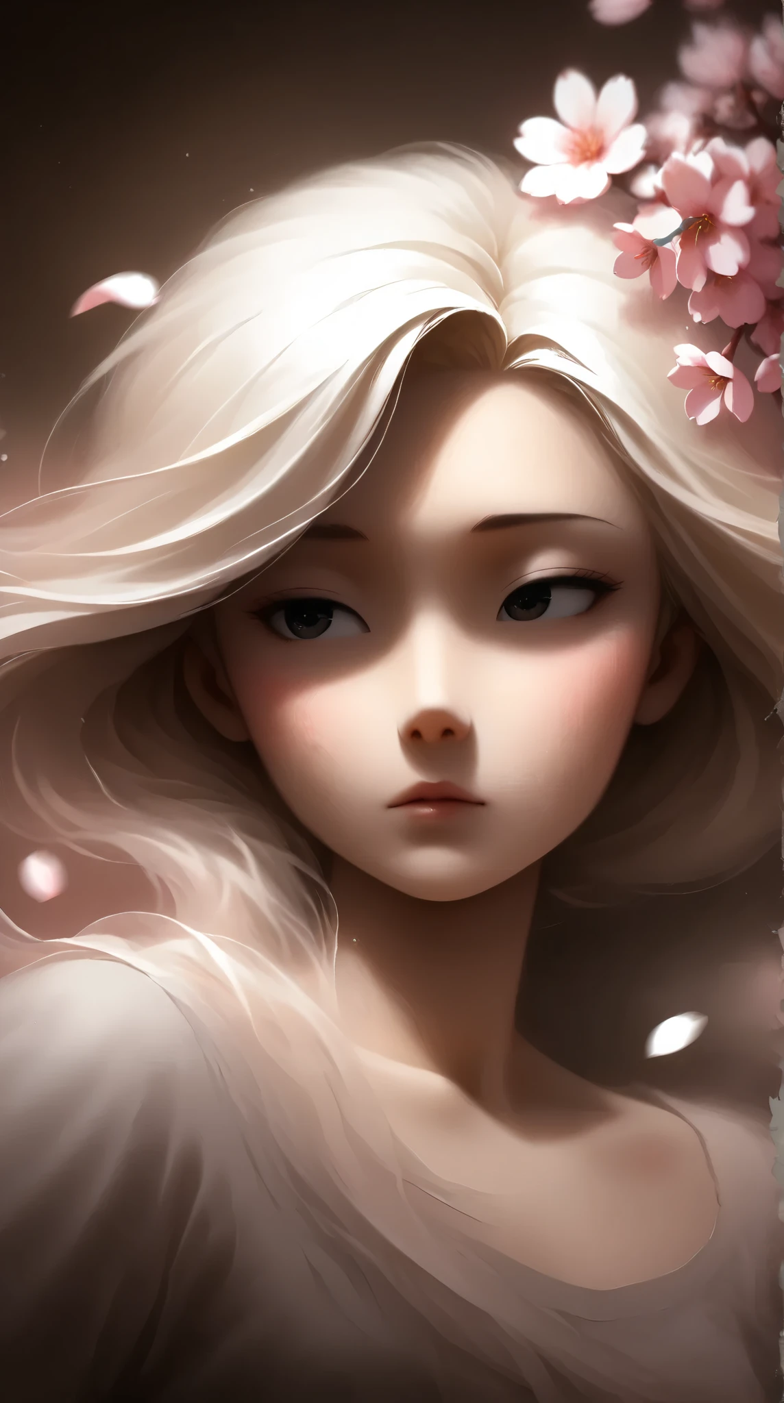 best quality, illustrator anime, style retro classic, Ink Painting、Old paper texture、Damaged Paper、Old style、Faded colors、Close-up of face、A painting in which only the courtesan's eyes are visible as cherry blossoms fall across the entire screen、Blurred Painting