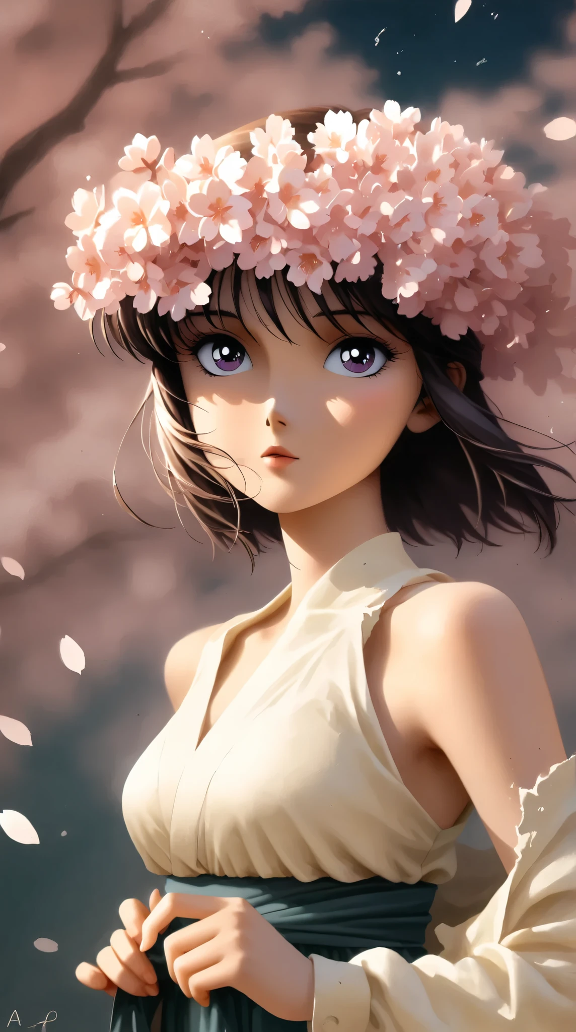 best quality, illustrator anime, style retro classic, Ink Painting、Old paper texture、Damaged Paper、Old style、Faded colors、Close-up of face、A painting in which only the courtesan's eyes are visible as cherry blossoms fall across the entire screen、Blurred Painting