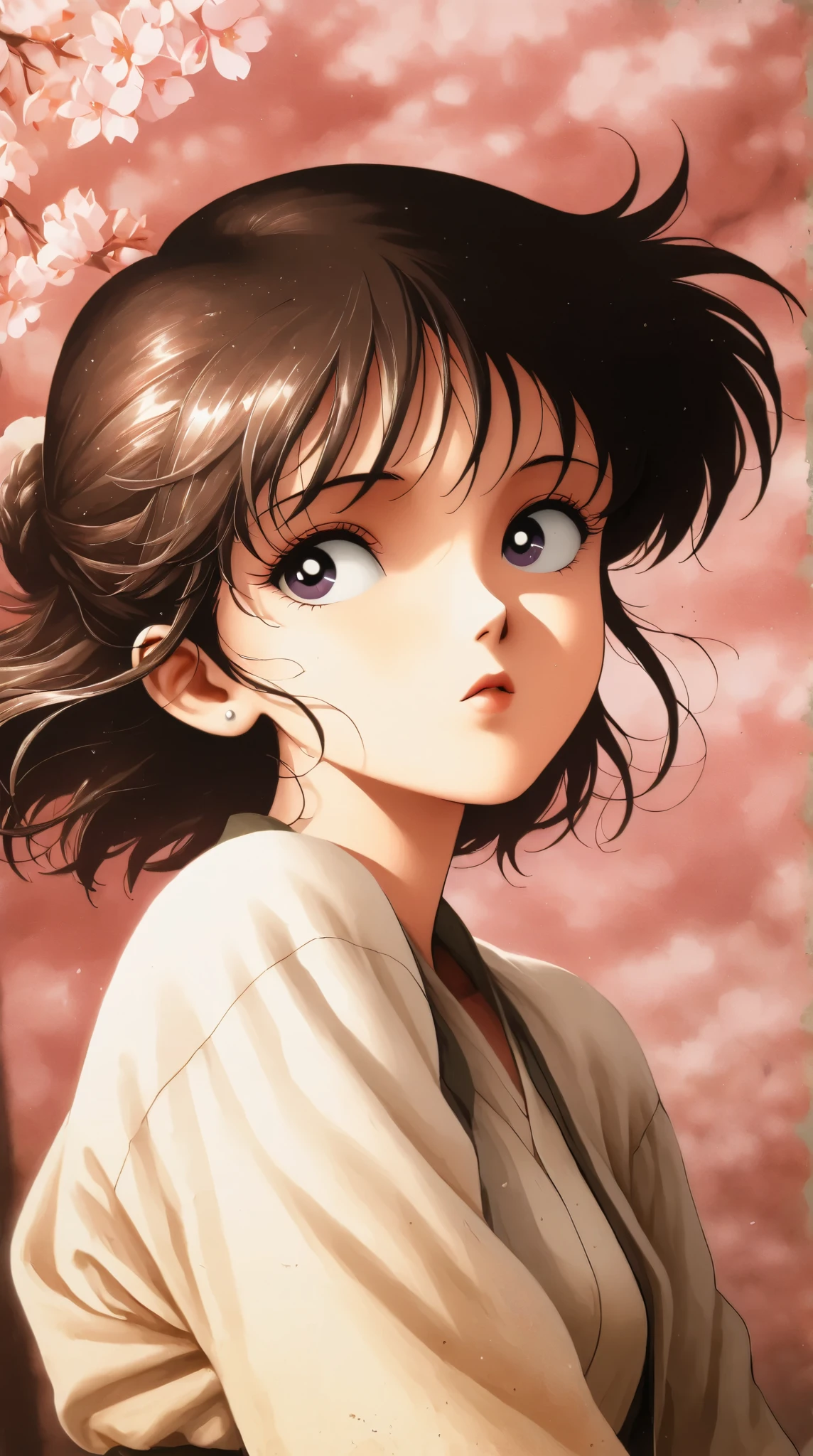 best quality, illustrator anime, style retro classic, Ink Painting、Old paper texture、Damaged Paper、Old style、Faded colors、Close-up of face、A painting in which only the courtesan's eyes are visible as cherry blossoms fall across the entire screen、Blurred Painting