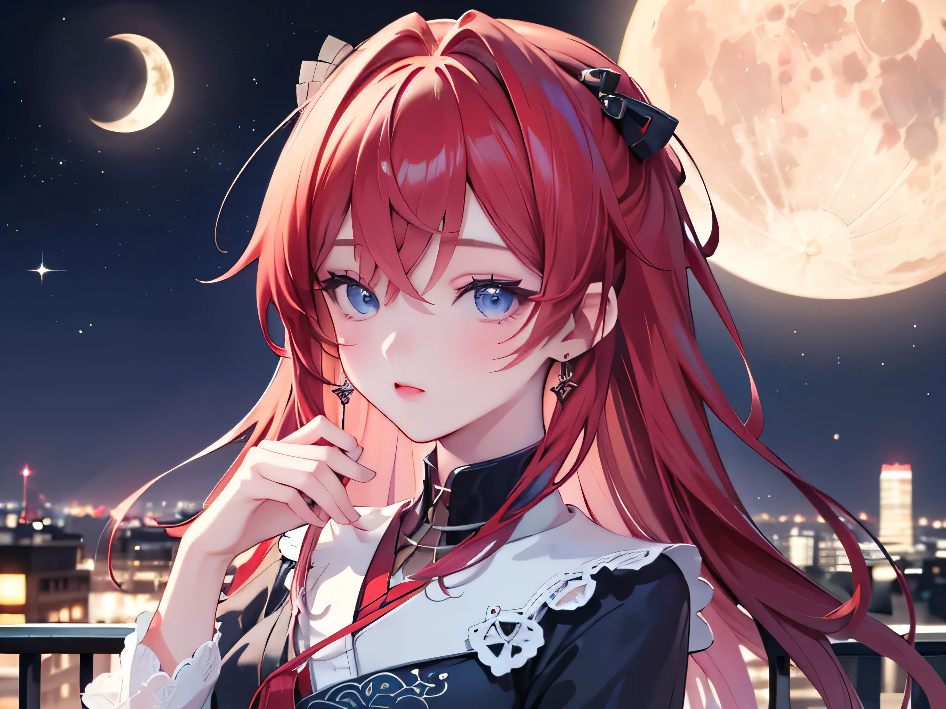 ((最 High Quality )), ((Masterpiece)), (  Details),  1 Girl,  8k resolution, Very Detailed,  High Quality ,  1 Girl,  beautiful Japanese woman,18 years old, ,  Detailed face,  one woman, terrace, Moon,  beautiful