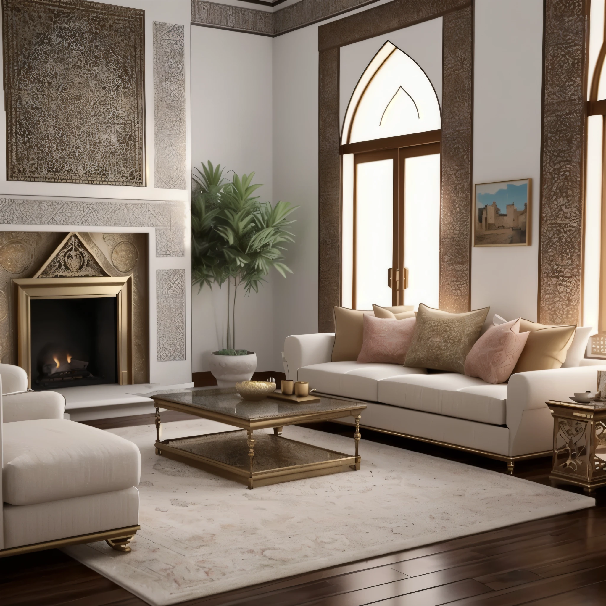 arafed living room with a fireplace and a couch and chairs, inspired by Riad Beyrouti, serene and peaceful style, highly detailed interior, inspired by William Home Lizars, architectural rendering, highly detailed render, islamic interior design, inspired by Alberto Morrocco, beautifully detailed render, detailed intricate render, insanely detailed rendering, high quality 3 d render