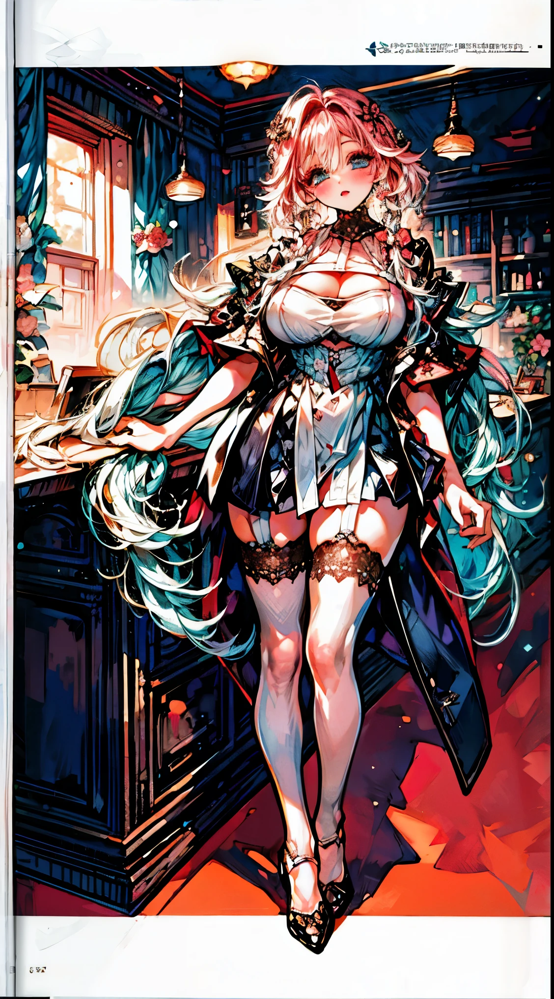 Head to toe, reference-sheet, fullbody, standing up ref-sheet (Masterpiece, Best quality, High quality:1.4),  (Curvy:1.1), Standing up at your desk, Office, (Full body shot:1.1),
Long white hair, blush, Makeup, Ultra Detail Hair, Ultra Detail Face, (Blue eyes:1.05), Perfect eyes, Perfect face, Earrings, (Confused, Blush:1.2), (a garter belt:1.1), pencil skirts, lab coat, office uniform, high-heels, tall, long sexy legs, (Large breasts:1.1), cleavage, Big ass, Thighs,