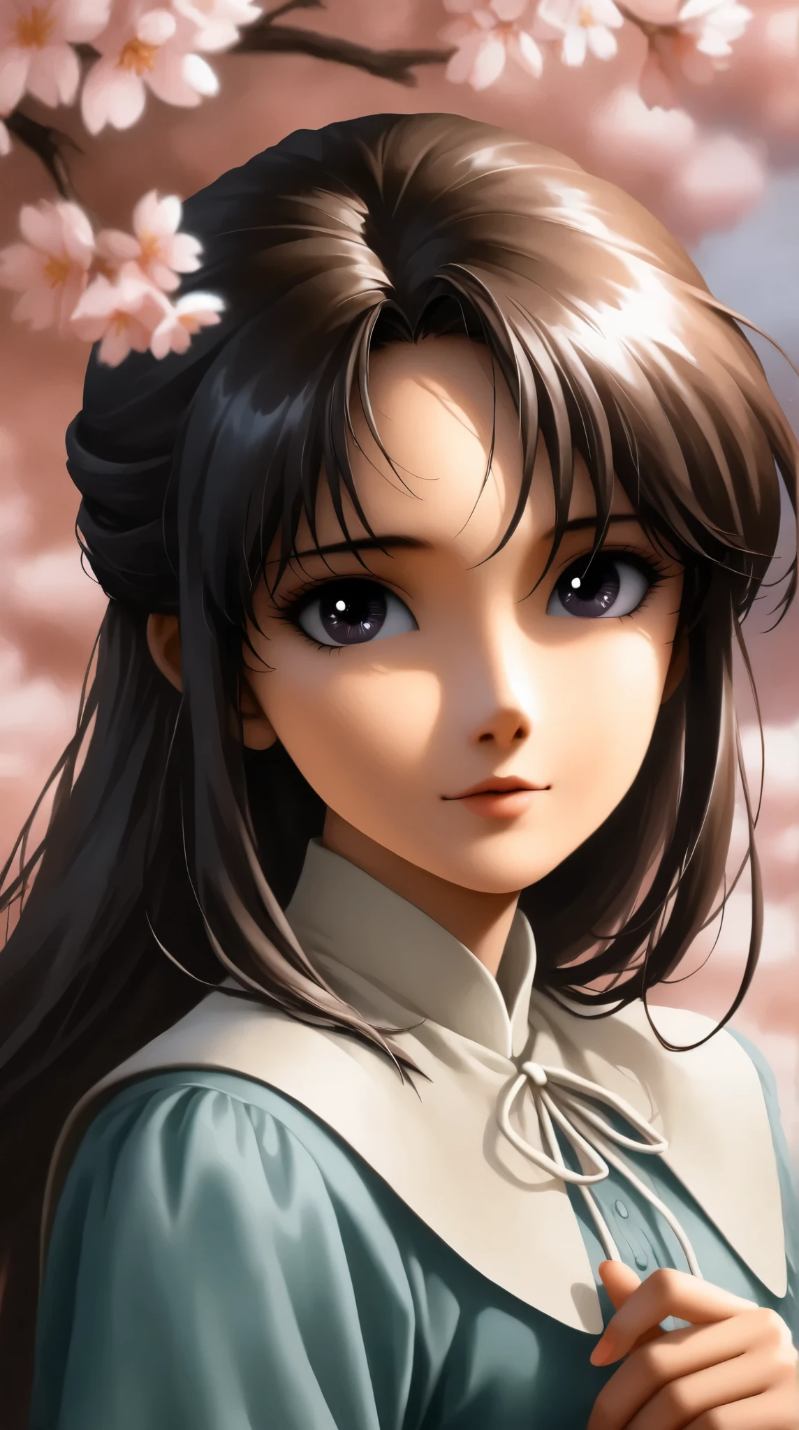 best quality, illustrator anime, style retro classic, Ink Painting、Old paper texture、Damaged Paper、Old style、Faded colors、Close-up of face、A painting in which only the courtesan's eyes are visible as cherry blossoms fall across the entire screen、Blurred Painting