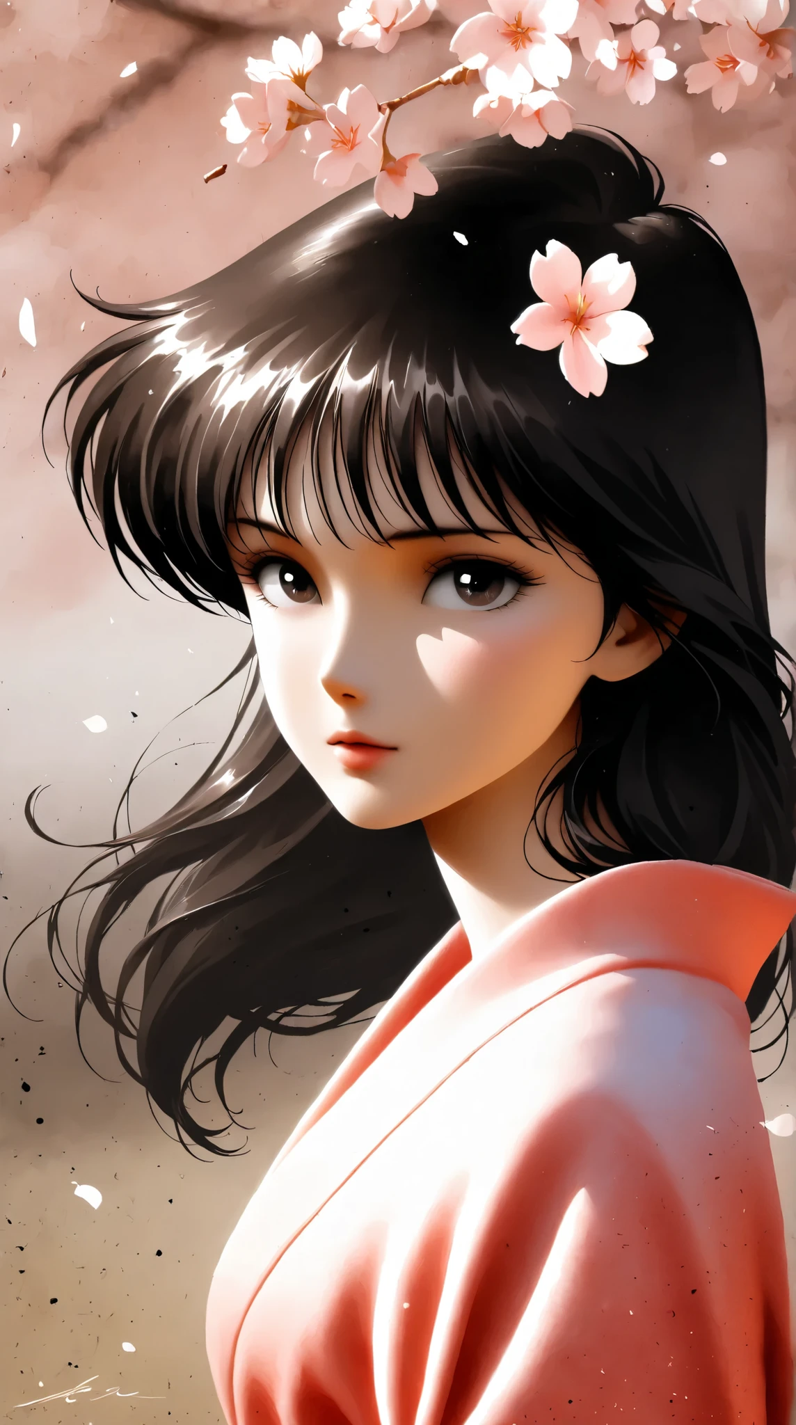 best quality, illustrator anime, style retro classic, Ink Painting、Old paper texture、Damaged Paper、Old style、Faded colors、Close-up of face、cherry blossoms, Blurred Painting