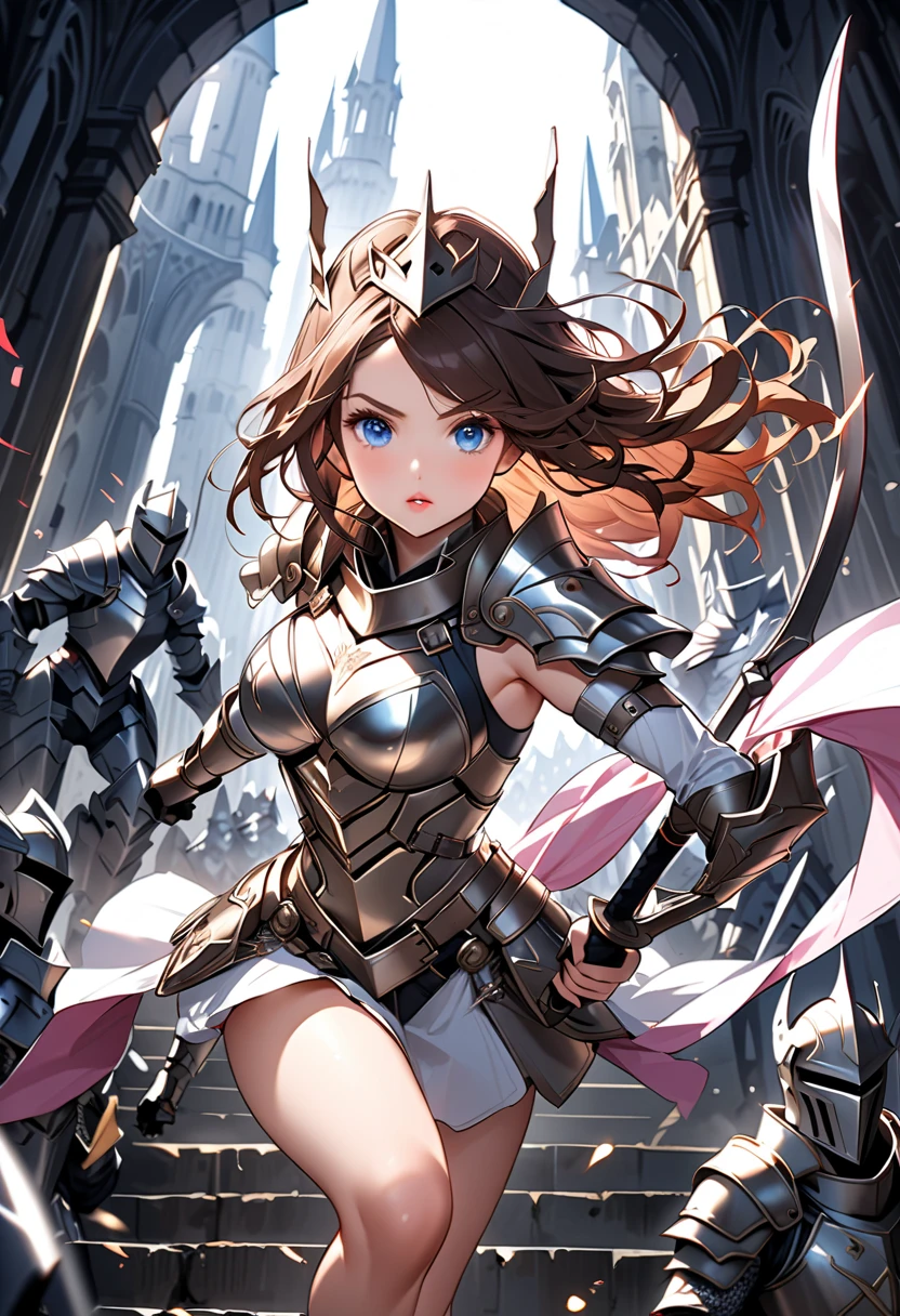 Very beautiful woman、Slender women、(Detailed face)、Realistic Skin、((Holy Knight)), ((Black and pink platinum armor))、((((Extremely detailed and intricately decorated armor:1.1))))、((Delicate photo)),(Girl Astepeace RAW Photo Details:1.25), (Highest quality:1.6), (Ultra-high resolution:1.5), (Realistic:1.75), 8K resolution, Canon EOS R5, 50mm, Absurd, Very detailed,Cinema Lighting,((Fightfield))、((Fight))、(((Ultra micro mini skirt with white lace embellishment)))、Polka dot panties,High leg panties:1.2,Thigh-high socks、Shingard、((Light brown hair)), {floating hair} ,Long Hair, Cape、(((Has a huge weapon)))、(In combat)、The wind is blowing、((Symmetrical armor))、(((Lead a large group of knights:1.2)))、banner、(((Battle Scenes)))、((Browsing Caution:1.2))、(((I can see her panties:1.4)))、、((Skirt lift fluttering in the wind:1.4)),In the park with a fountain view:1.9,low angle full body shot