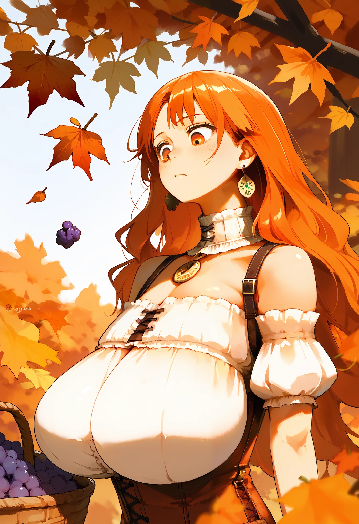 by noodle4cool, best quality, masterpiece, detailed, flat color, pseudo impasto, leaf, 1girl, food, basket, fruit earrings, jewelry, looking down, long hair, grapes, orange hair, , (corset), midriff, bare shoulders, ginkgo leaf, upper body, autumn leaves, animal, navel (detailed female belly), , , long breasts