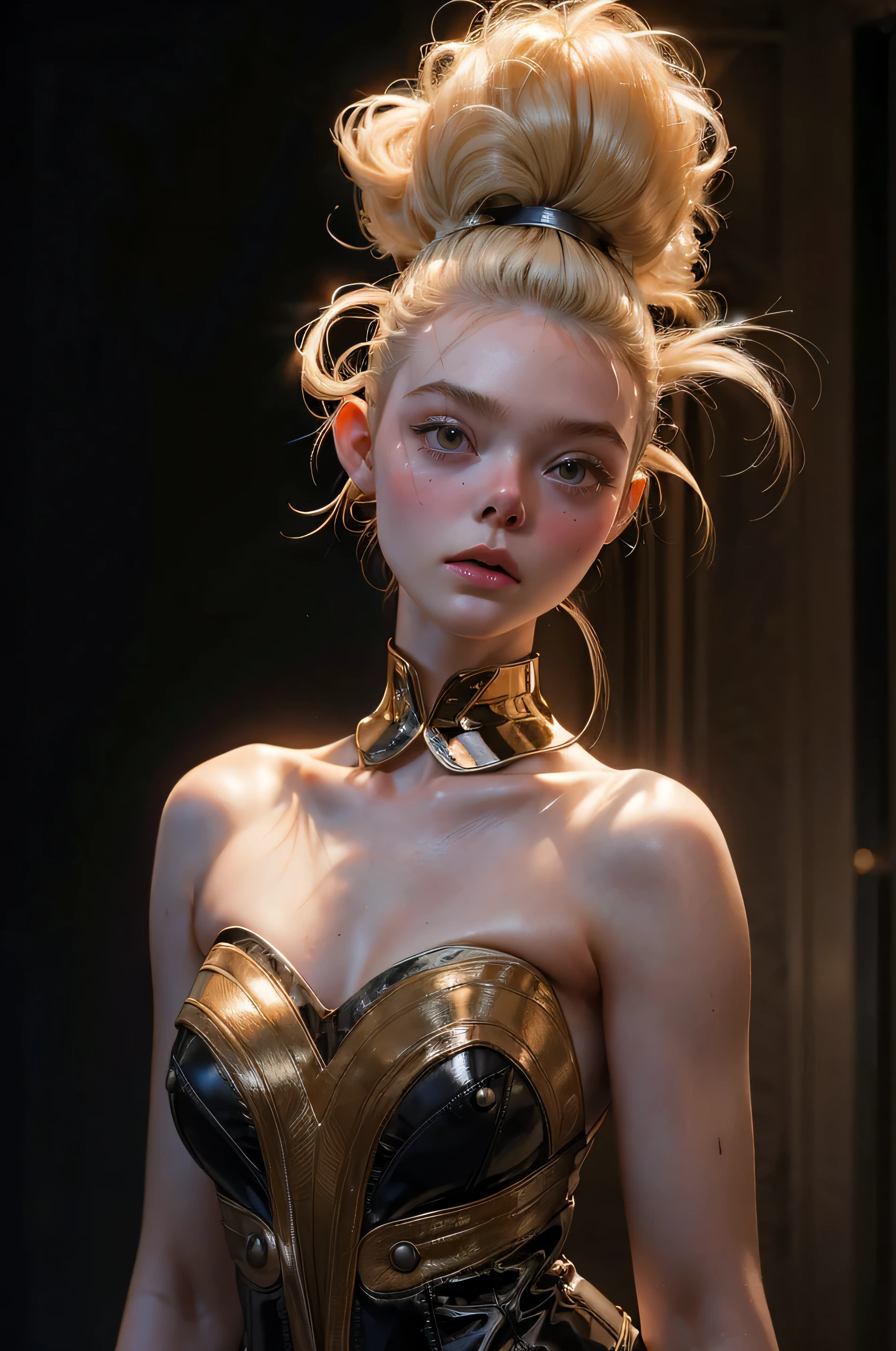 a 20 yo woman, long blonde hair, (hi-top fade:1.3), dark theme, soothing tones, muted colors, high contrast, (natural skin texture, hyperrealism, soft light, sharp) elle fanning