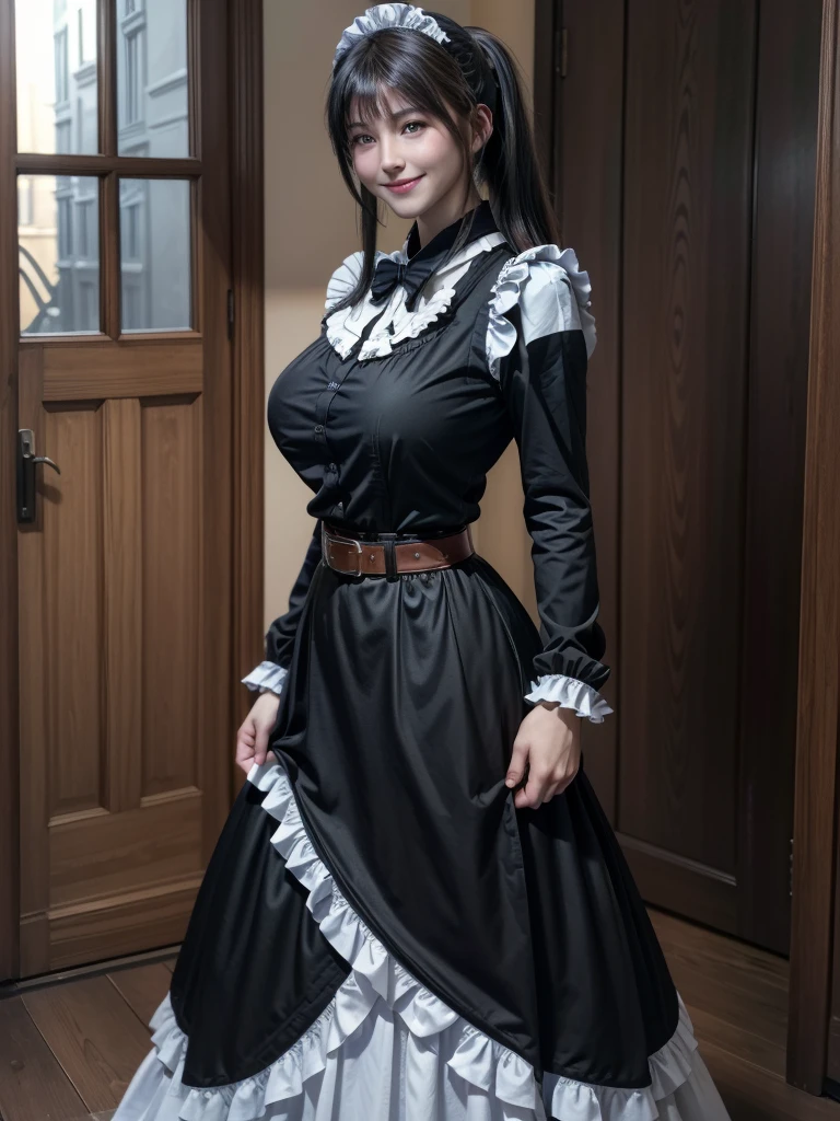 Full body, plague doctor mask, 19th century, adult female, classic maid costume, beautiful hair, straight black hair,