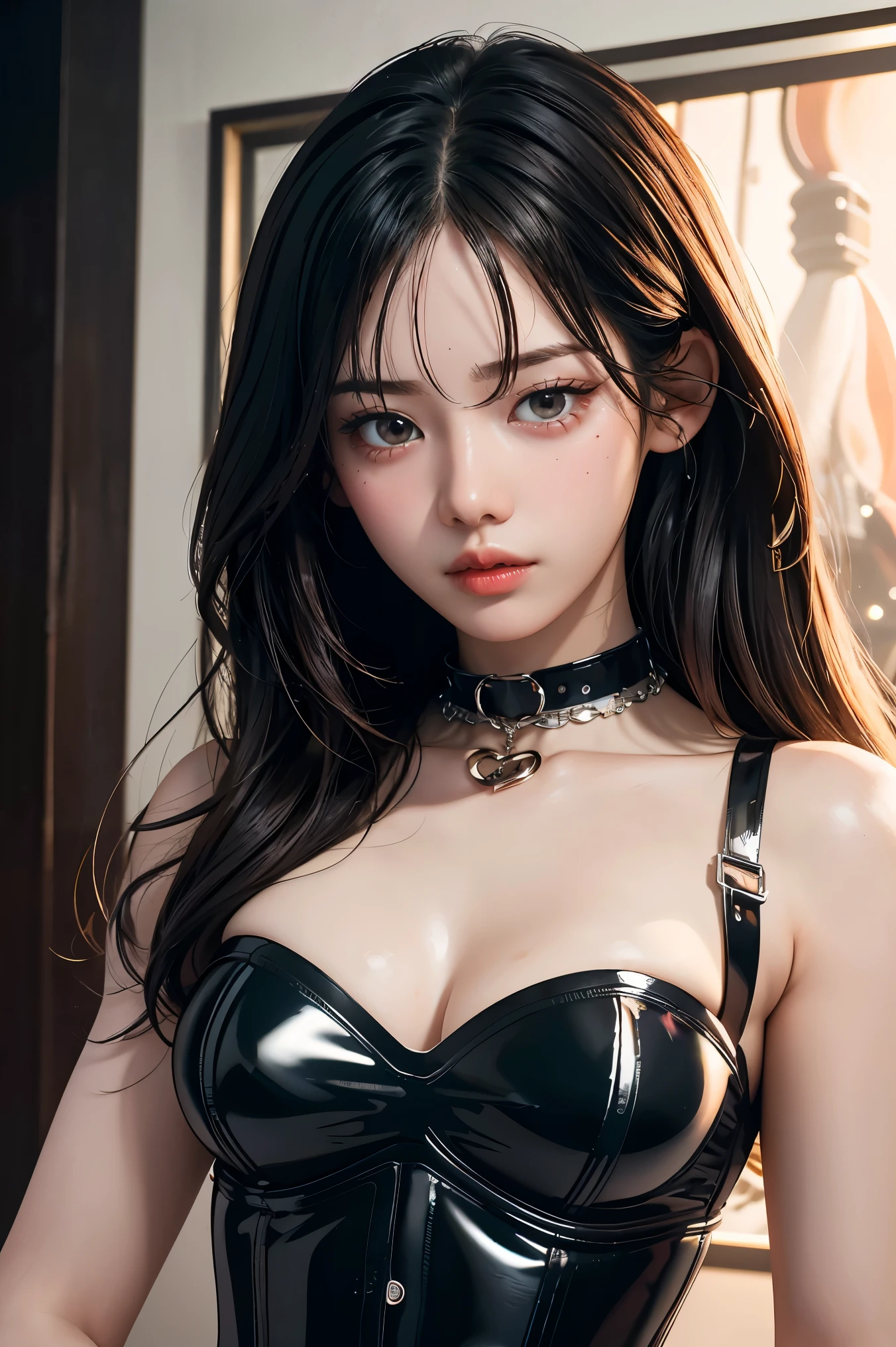 Angry Face,Rubber,Black Corset,Collar,NSFW,((Best Quality, 8k, Masterpiece:1.3))), Crisp Focus: 1.2,(Layer Cut, Big:1.2),Beautiful Woman with Perfect Figure: 1.4,Slender Abs:1.2,Wet Body:1.5,Highly Detailed Face and Skin Texture,Detailed Eyes,Long Hair, huge breasts