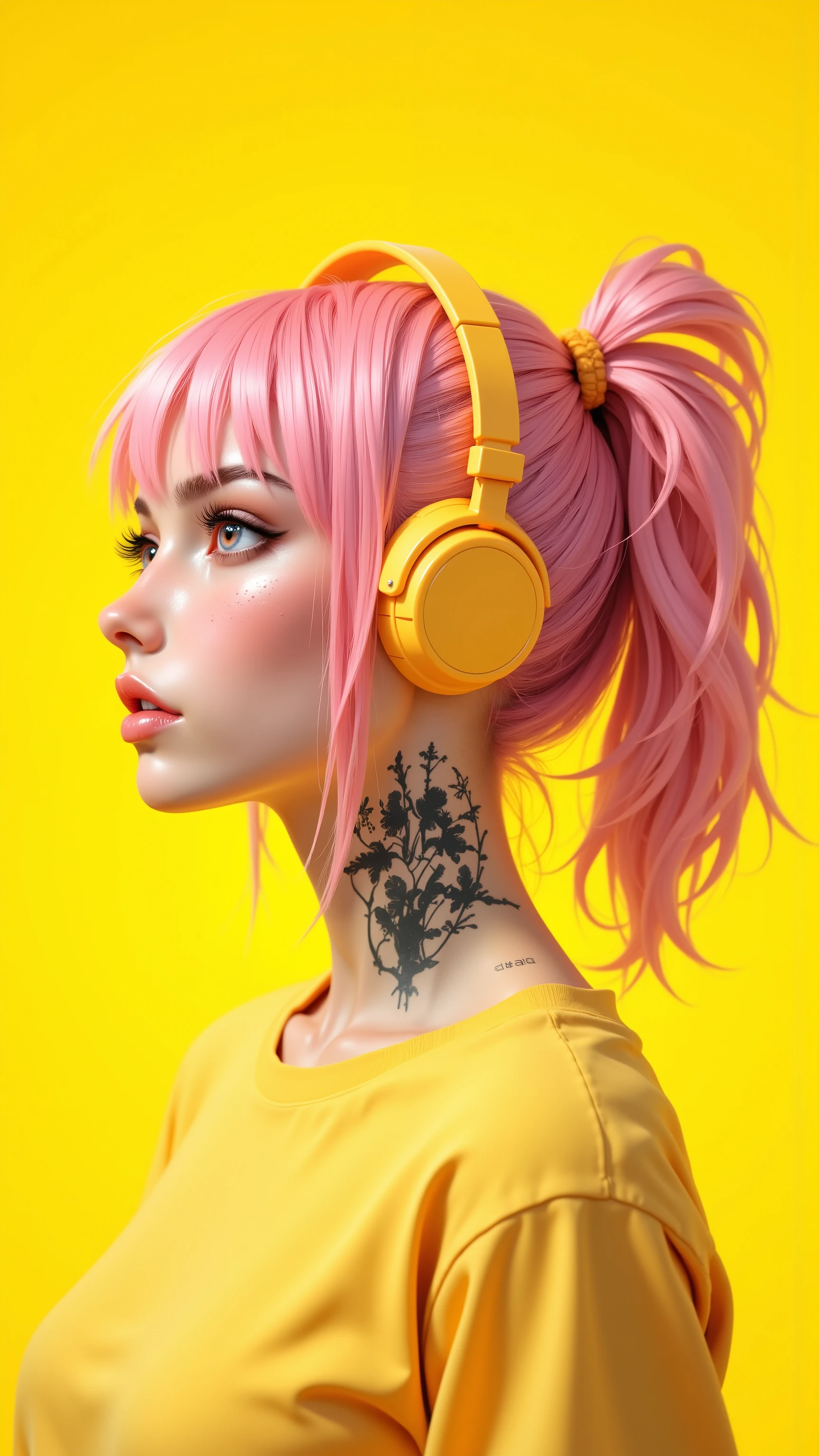 8k, masterpiece, highest quality, Portrait, young woman, profile view, pastel pink hair, pigtails, yellow headphones, neck tattoo, yellow t-shirt, soft lighting, monochromatic yellow background, vibrant colors, dreamy atmosphere, editorial style, high fashion, Gen Z aesthetic, digital art, hyper-realistic, detailed skin texture, anime influence, studio photography