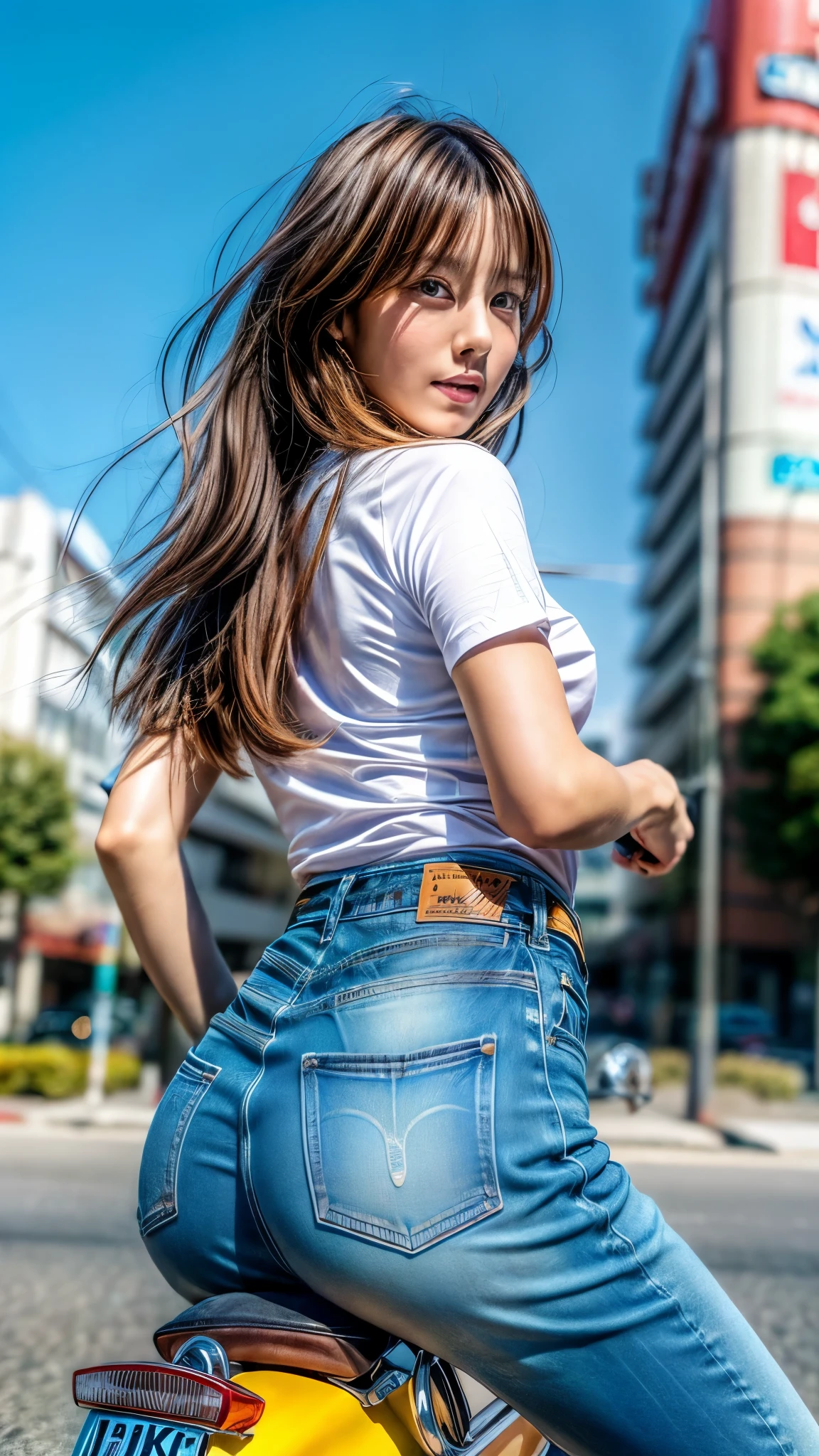 (Photorealistic), (Ultra-detailed 8K photo of a Tall Height Japanese gravure idol:1.2), highly detailed facial and skin texture, Fine Eyes, (riding a motorbike:1.2), (on bike), from behind, jeans, Wearing a shirt and Leather Jacket, (Enhance colors to maximum saturation), masterpiece, (best quality)