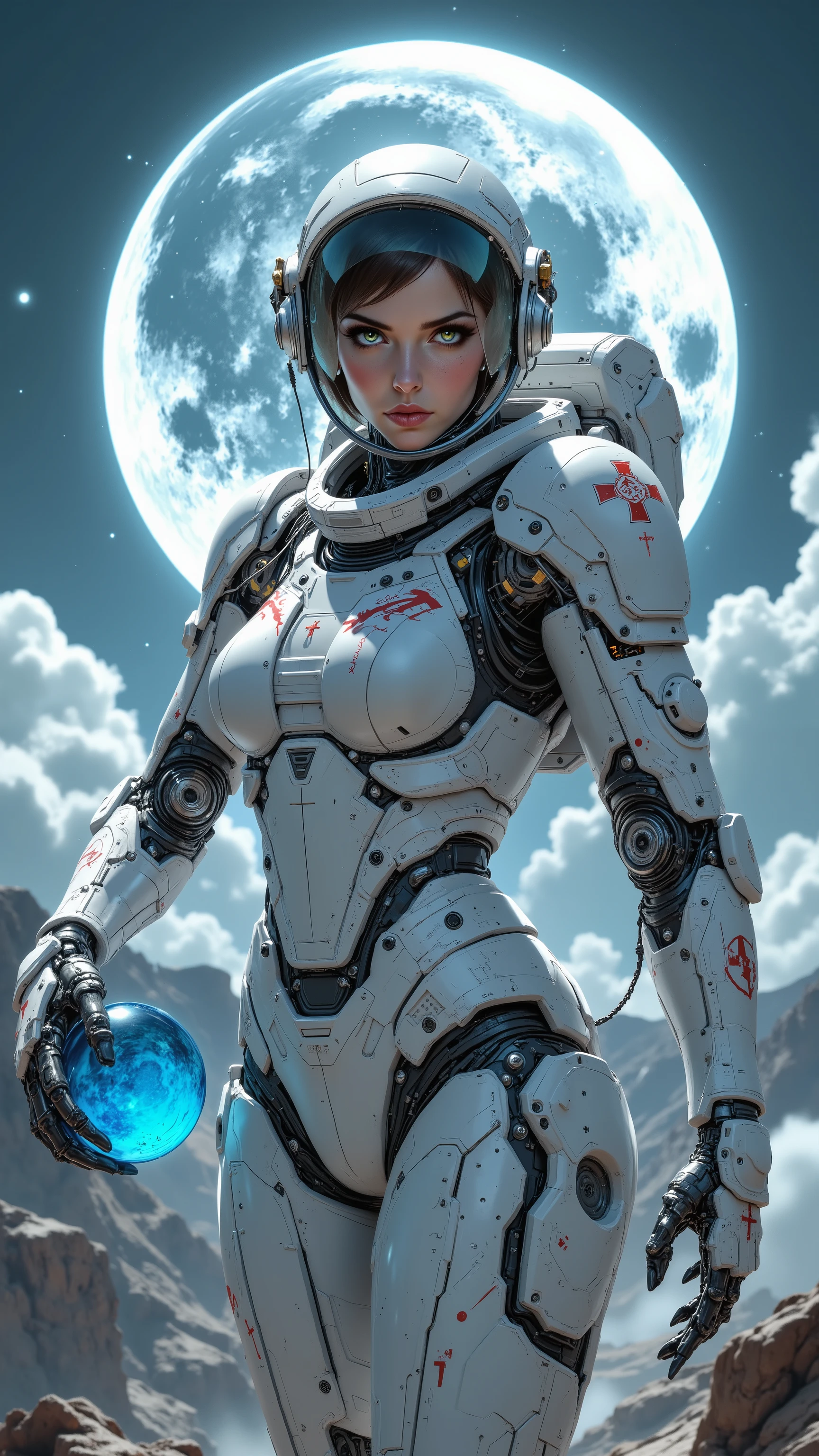 8k, masterpiece, highest quality, Futuristic space medic, female astronaut, cyberpunk, detailed white suit, red cross emblem, high-tech headphones, mechanical limbs, blue sphere, moon in background, cloudy sky, realistic digital painting, intricate details, sci-fi concept art, fantasy illustration, high resolution, dramatic lighting, cinematic atmosphere