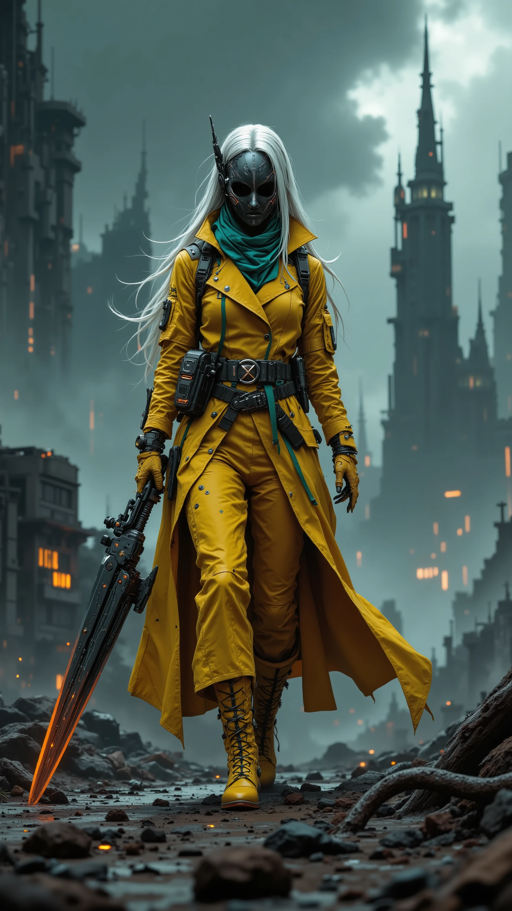 8k, masterpiece, highest quality, woman, Futuristic warrior, yellow trench coat, black mask, white and teal hair, apocalyptic landscape, stormy sky, giant spiked mace weapon, glowing orange details, cyberpunk aesthetic, tactical gear, yellow boots, dramatic lighting, photorealistic rendering, high contrast, 8k resolution, cinematic composition
