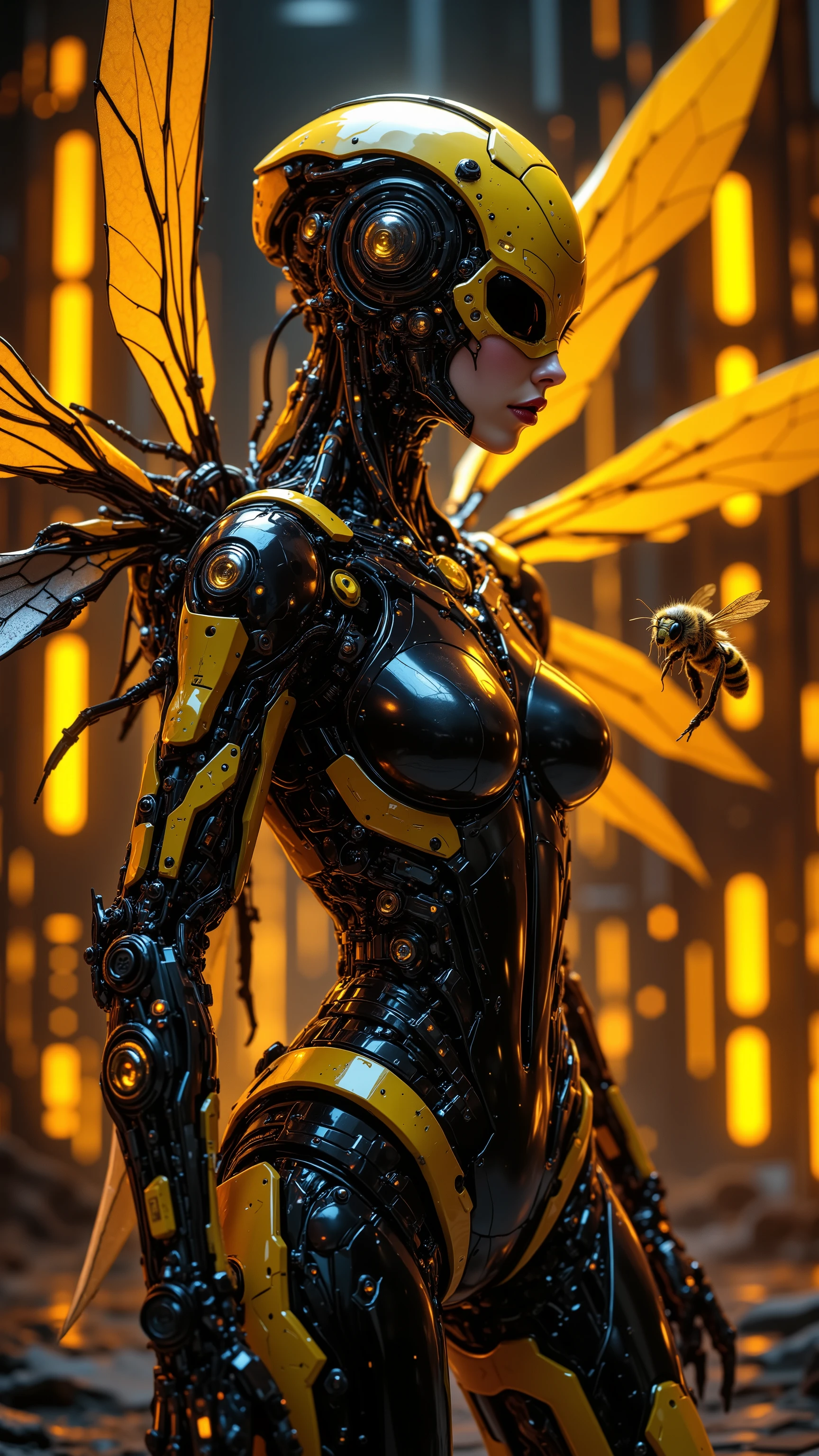 8k, masterpiece, highest quality, Futuristic woman humanoid bee robot, cyberpunk, black and yellow color scheme, mechanical wings, sleek design, hexagonal honeycomb background, orange glow, digital art, highly detailed, 3D render, sci-fi concept art, robotic insect, android, biomechanical, glossy finish, intricate machinery, golden highlights, dynamic pose, floating honeybee companion, striking contrast, vibrant colors, hyper-realistic textures