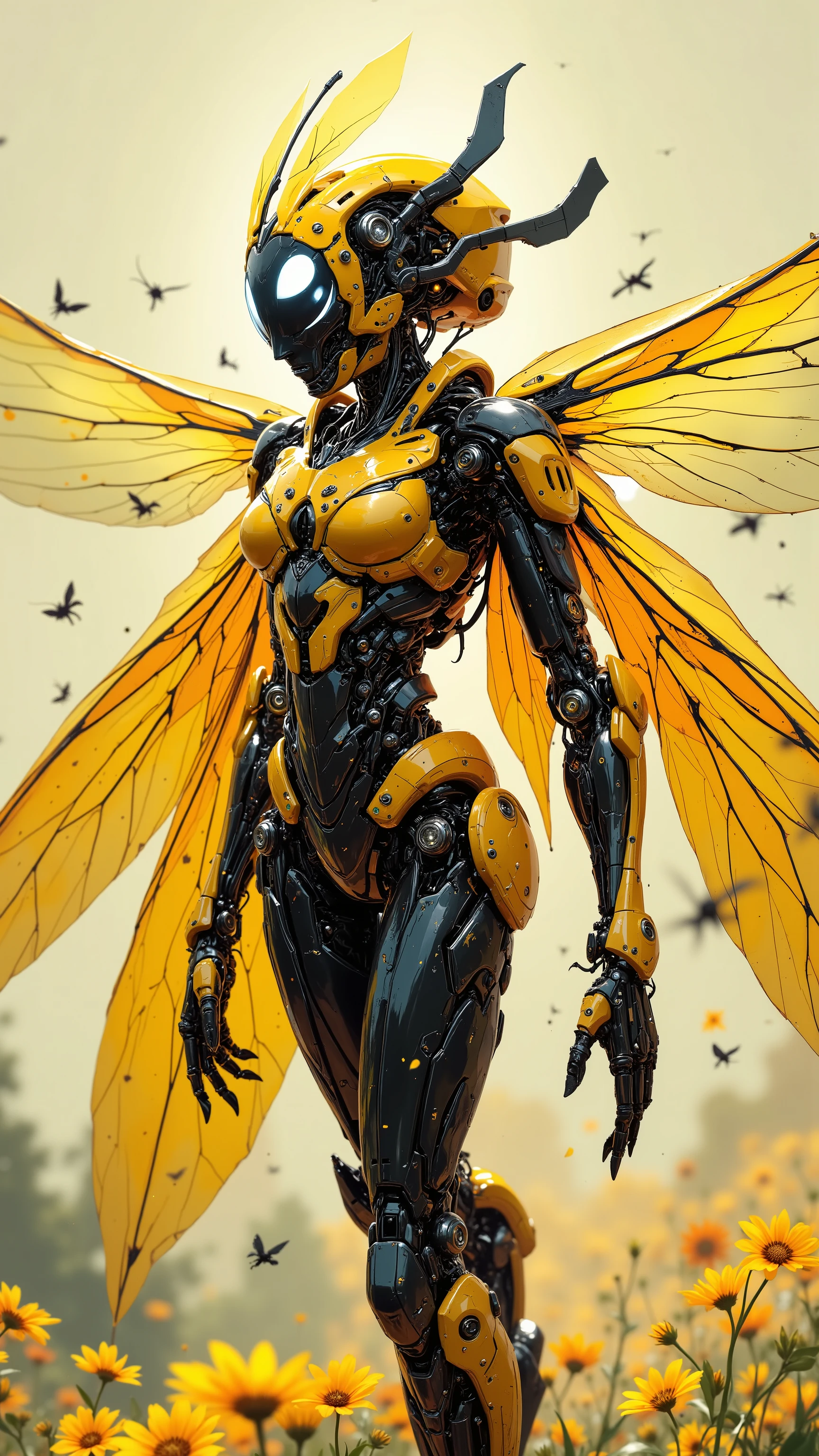 8k, masterpiece, highest quality, Robotic bee woman humanoid, biomechanical insect cyborg, yellow and black color scheme, translucent wings, futuristic design, sleek armor plating, antennae, compound eyes, floating flower petals, intricate mechanical details, sci-fi concept art, digital illustration, dynamic pose, vibrant colors, white accents, 3D rendering style, high contrast, smooth curves, aerodynamic form, insectoid features, flying machine, pollinator drone
