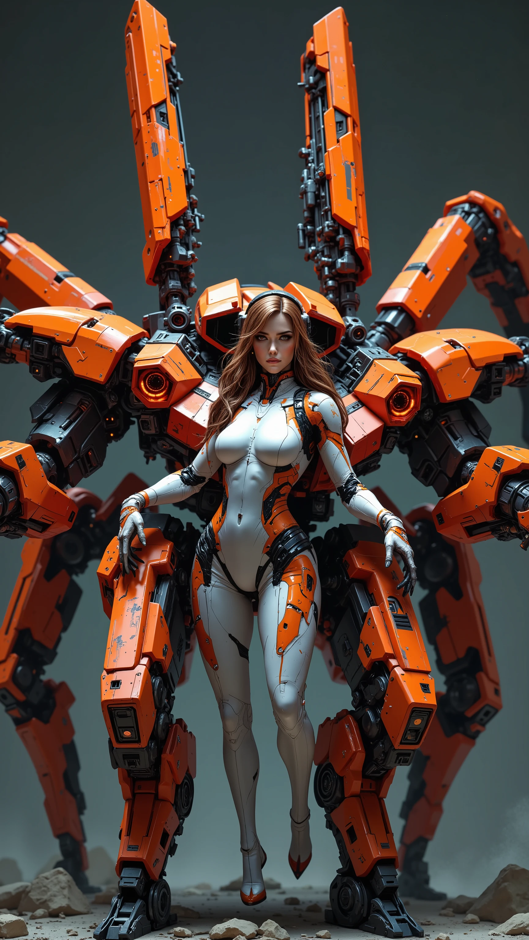 8k, masterpiece, highest quality, Futuristic mech suit, spider-like robot, red glowing cannons, Orange and black color scheme, On board, female pilot, white form-fitting bodysuit, long brown hair, advanced weaponry, red glowing accents, cyberpunk aesthetic, high-tech machinery, sleek design, photorealistic rendering, studio lighting, intricate details, sci-fi concept art, digital illustration, 8K resolution