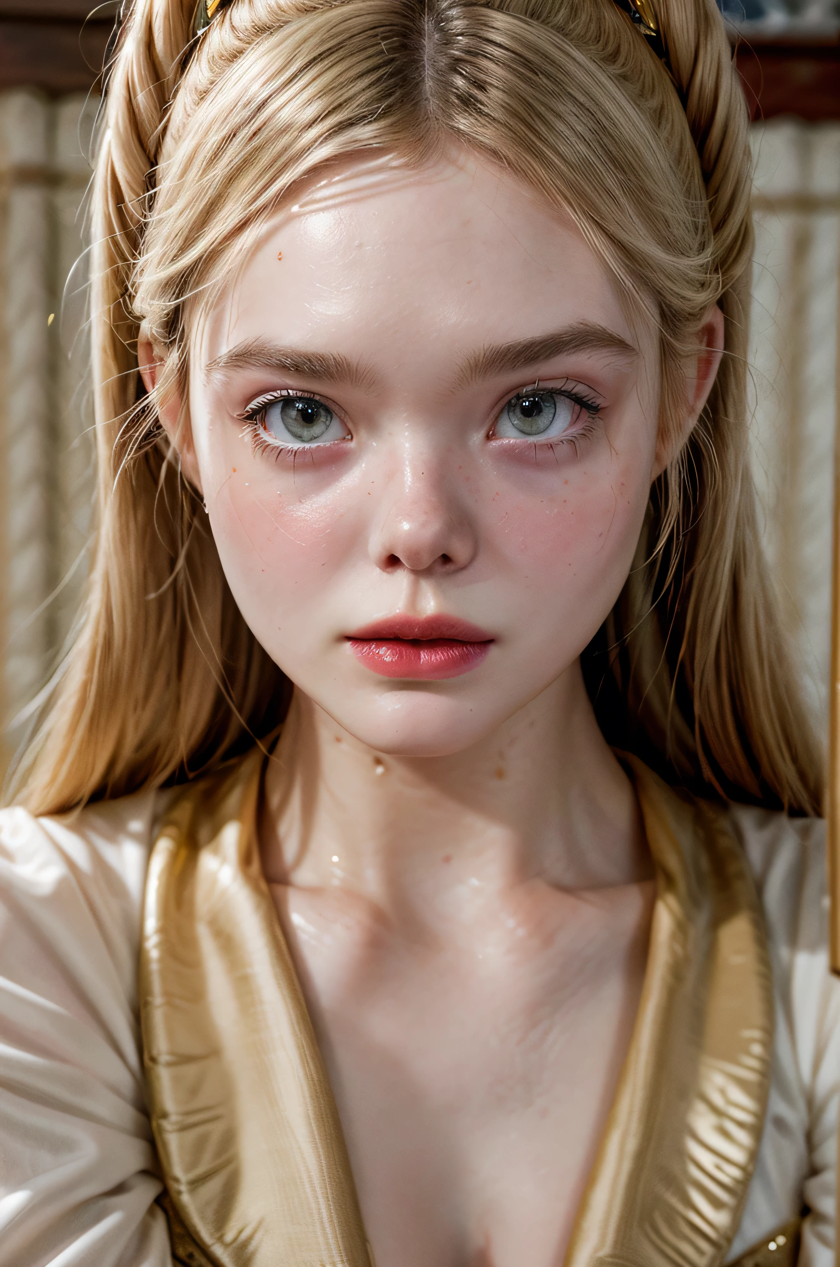 , long blonde hair ( Better quality,ultra details),(realistic:1.37), beautiful and detailed face , ultra-realistic texture, exquisite face , Athletic body, bright colors. high definition , 8k, wearing red lipstick , Rosy Cheeks, img_1025.HERE, Elle Fanning