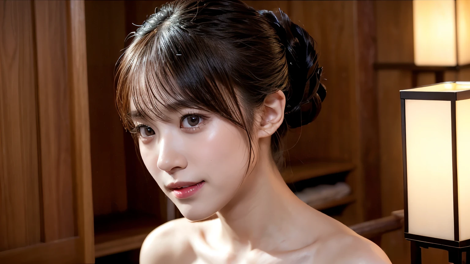in a Japanese-like wooden changing room with beautiful grain all over, an elegant lady dressing in the changing room, realistic texture, traditional Japanese hairstyle, her hair tied up, wearing nothing, no ornaments, while putting on underwear, warm lantern lights, refined sensuality, captivating presence, beautiful white-colored translucent skin, glamorous figure, glossy face, no makeup, opened mouth a little, a shy smile, very sweaty, a flushed look, {photorealistic}, {4K resolution}, {cinematic}, {dramatic}