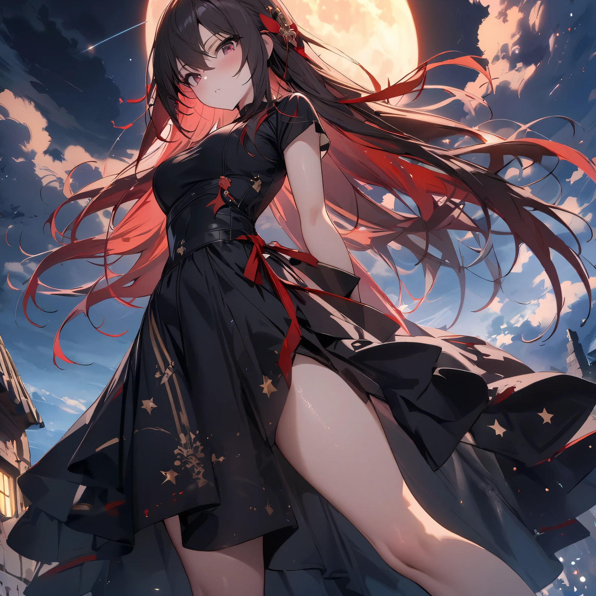 masterpiece, best quality, Details, 1 girl, Alone, knight sky, Outdoors , full moon, star, cloud, knight ,, Dark Sakura, ( black dress ), long hair, , red ribbon, striped , thighs