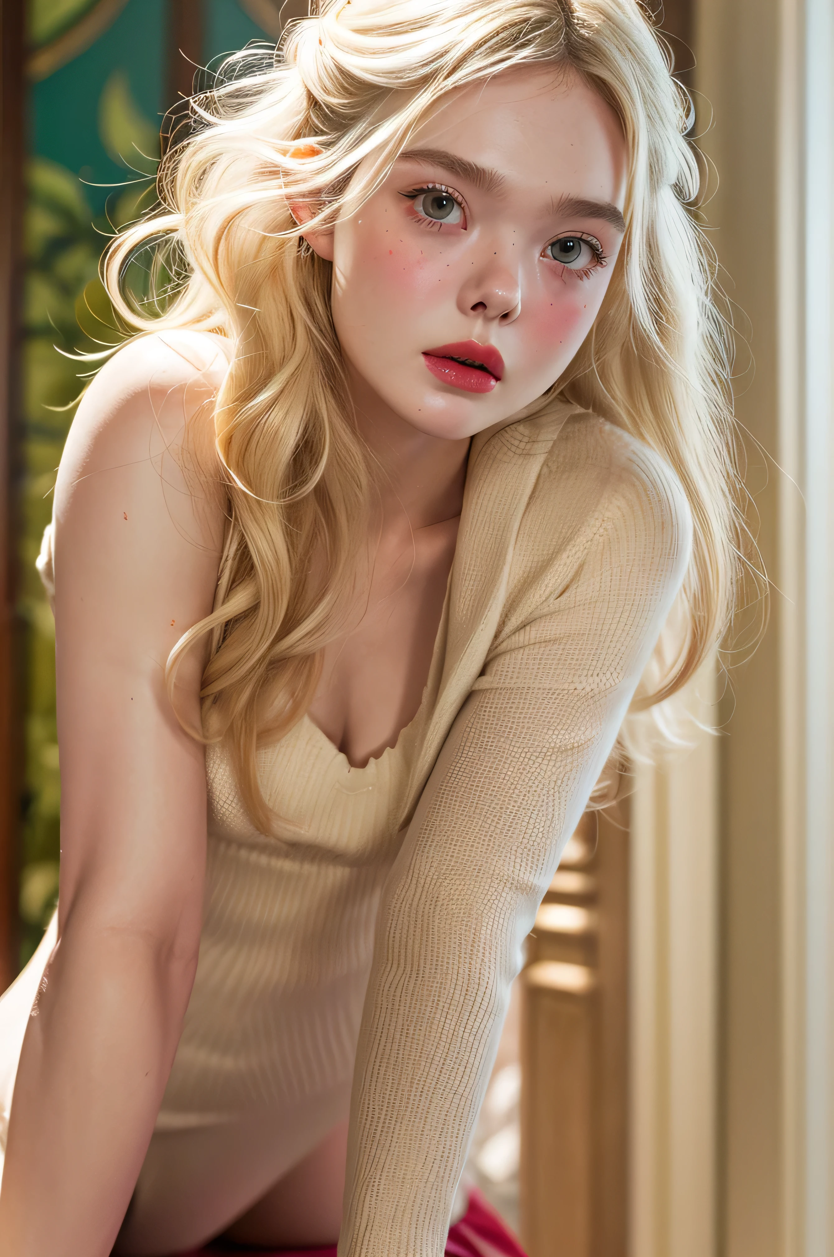 , long blonde hair ( Better quality,ultra details),(realistic:1.37), beautiful and detailed face , ultra-realistic texture, exquisite face , Athletic body, bright colors. high definition , 8k, wearing red lipstick , Rosy Cheeks, img_1025.HERE, Elle Fanning