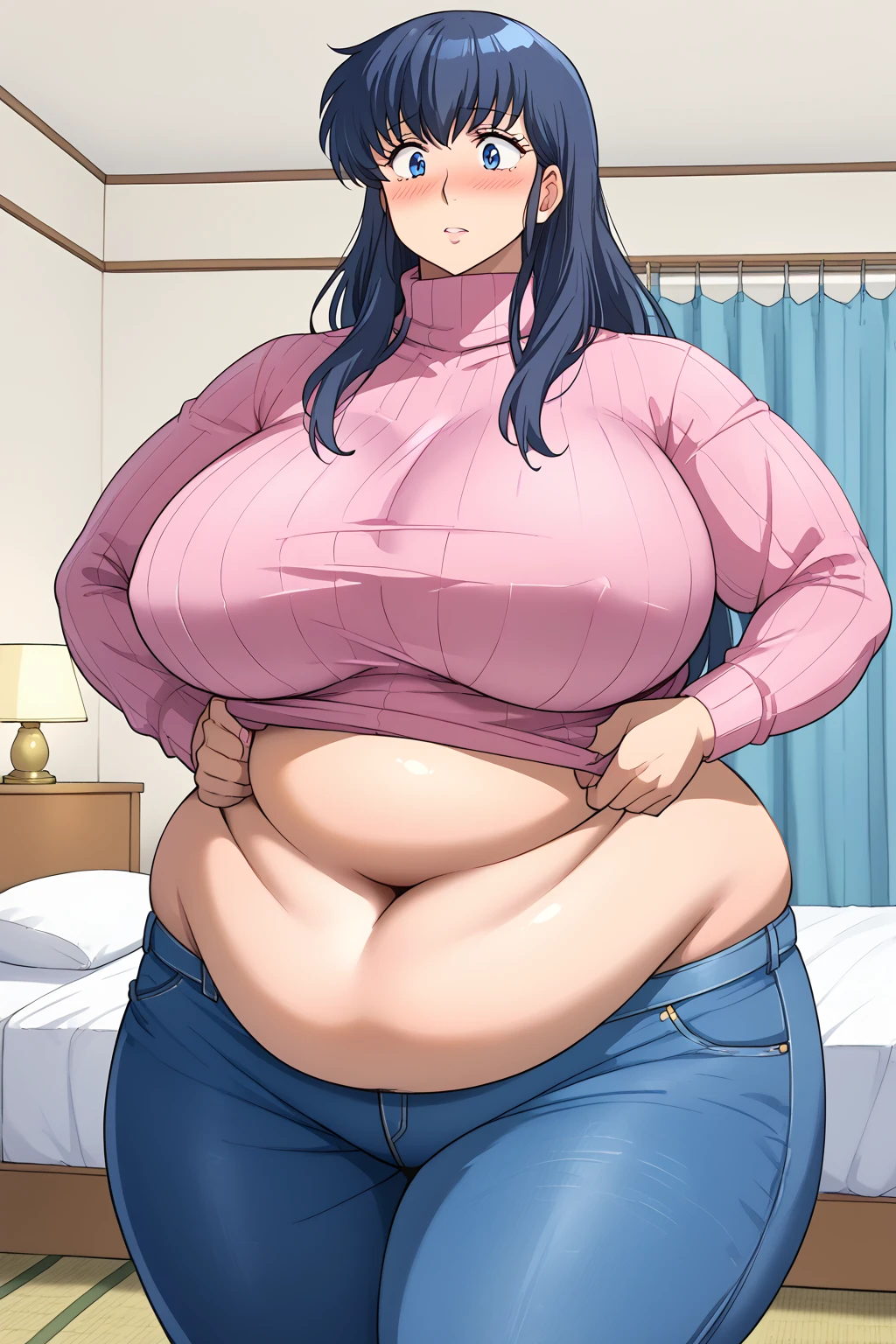 kyoko otonashi, long hair、紺色の髪、Dark blue eyes、 pink sweater 、 turtleneck,Blue jeans ,Sloppy belly fat,bedroom, troubled expression, embarrassed expression ,blush,milf,Severe obesity, score_9, score_8_ up、 score_7_ up、 score_6_ up、 score_5_ up、 score_4_ up、 masterpiece、 best quality, one woman 、 Anime Woman , Super huge breasts, Super huge clitoris、Super huge, Super huge boob, curvy、 Wide Hips 、 cowboy shot