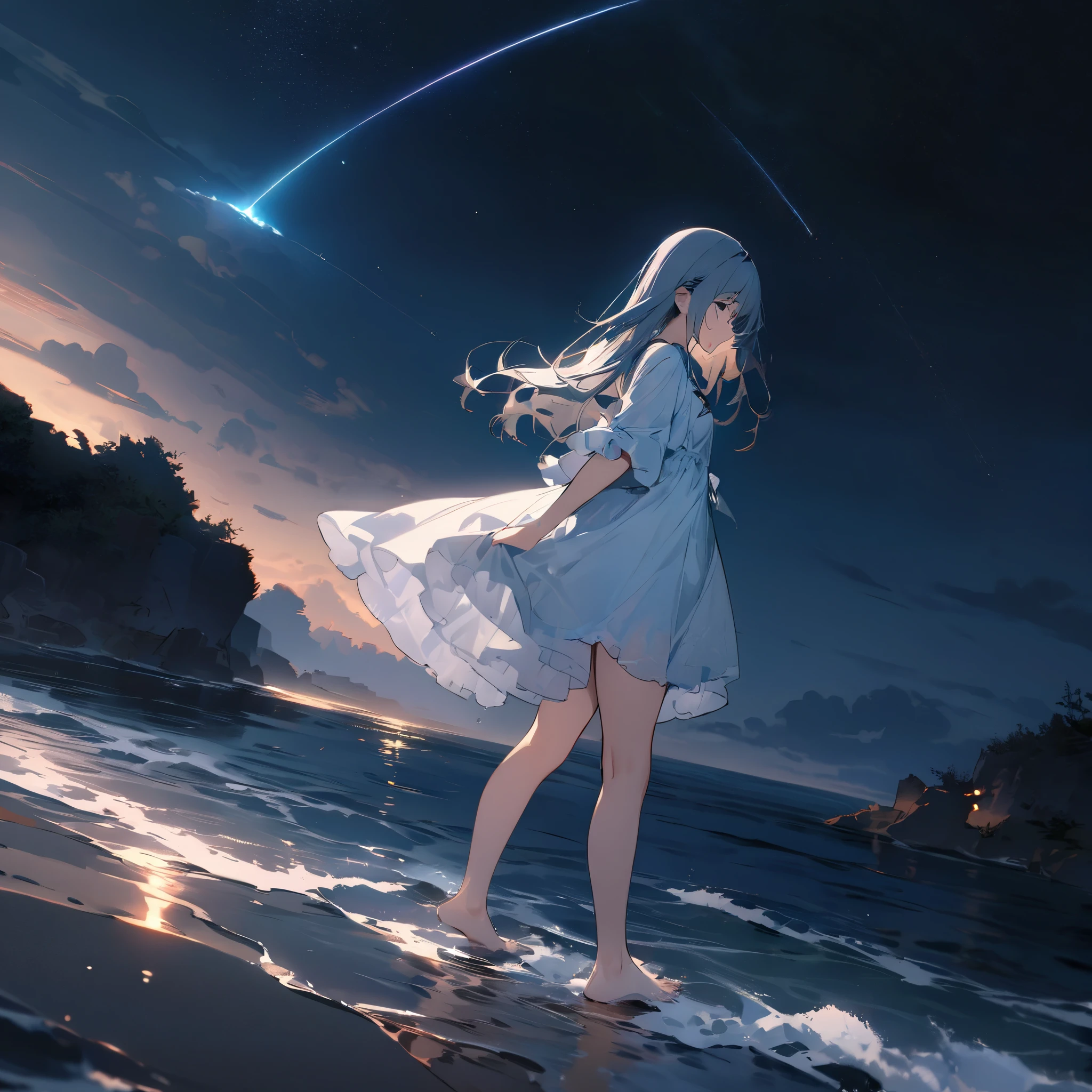 ((masterpiece, best quality)), At night, light clothing, girl , Put only the tips of your feet in seawater , girl standing, girl sideways, girl between the horizon and the sea, viewed from the side , ripples spread from your toes, the site is about 20 meters away, On the Sea, At night, The whole scene is shining, There is a meteor shower