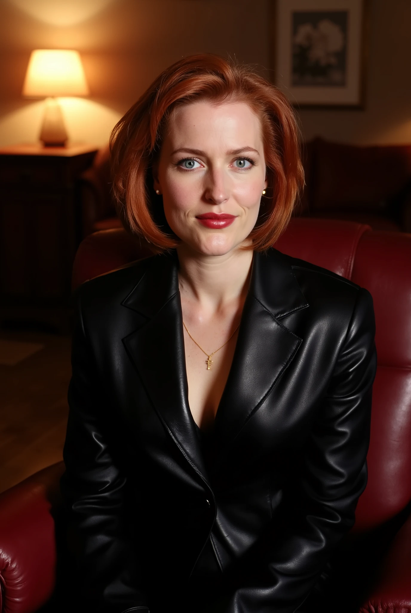 realistic photo of Dana Scully in a black latex BDSM sexy suit; (smiling), red hair, bob haircut, (small breasts), feminine body, perfect anatomy, perfect fingers, sitting on an armchair, living room, the photo shows the natural beauty of Dana Scully, the living room is well lit