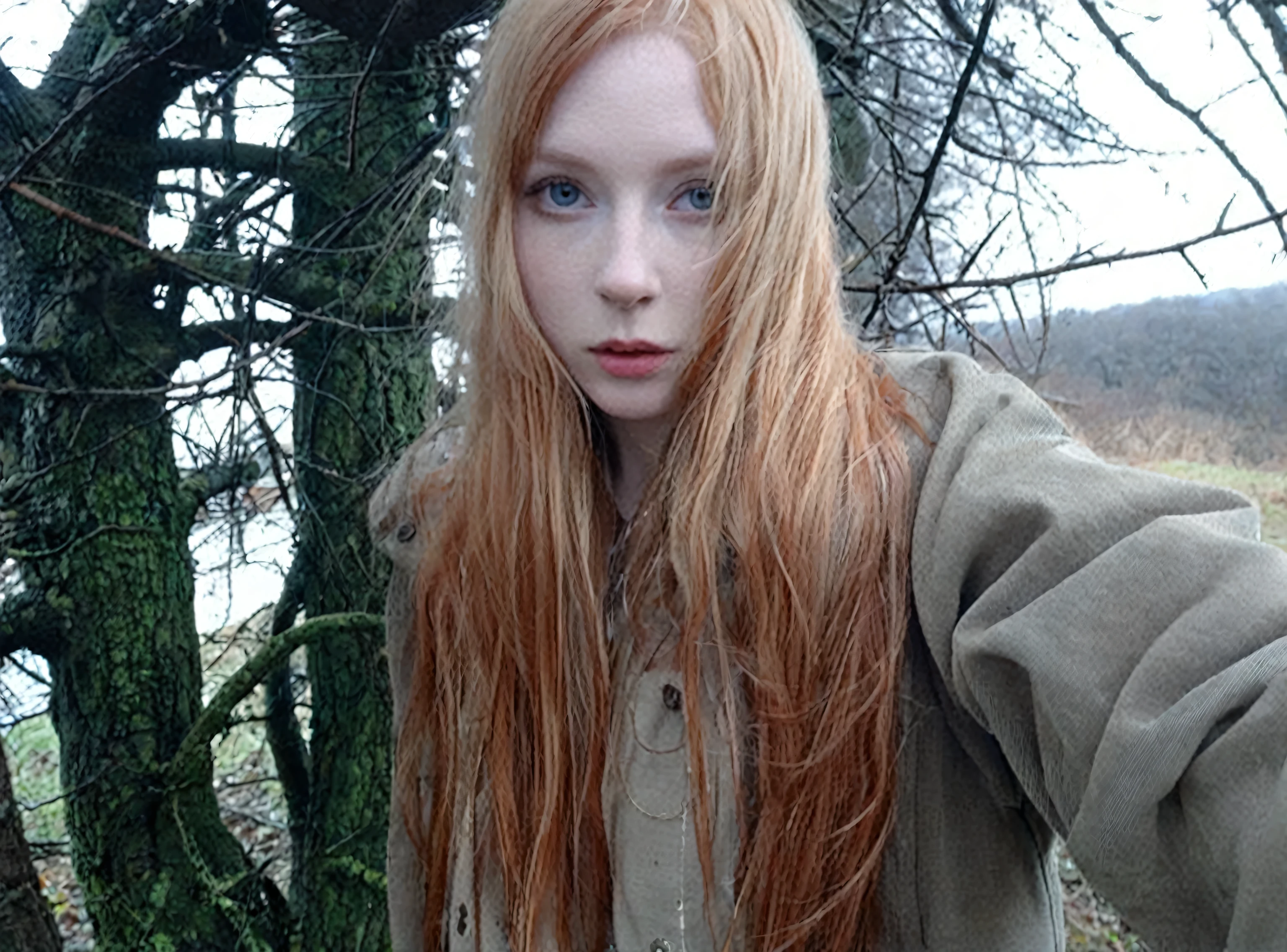 Shaggy woman with long red hair standing in front of a tree, with pale skin, light and pale skin !!, very very very pale skin, with long hair and piercing eyes , very very pale white skin , very pale skin, very very very pale white skin , extremely pale and white skin , very pale white skin , She has long red-orange hair , Pale Shiny Skin