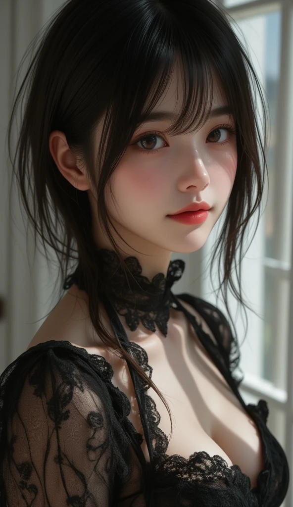 Non-NSFW、Real、Highest quality、Highest quality、masterpiece、Ultra-high resolution、RAW Photos、Real、Bright lighting、Face Light、Smooth Professional Lighting、Looking into the camera、alone、Adult women、Beautiful woman、Super Beauty、Realな肌、Moisturized Skin、Realな目と顔、Perfect model body、Beautiful Eyes、Big eyes、Inconspicuous tear bags、slim、No bra、Beautiful fingers、Very long hair、Beautiful, saturated photography by Emily Soto, clavicle, (mature:1.3), Highest quality, Humidity, attractive,skinny, smile, no_panties, Large Breasts, (masterpiece),(Highest quality), Nipples, ((photoRealistic)), (rain black hair), (Waist-length hair:1.5), Small Ass, Gray background, lips, Realistic, Königsreuter, (Bold open-necked black Bodycon Lace-Up Corset:1.5), (Garter Stockings:1.2), (from above:1.1), (looking back1.6)