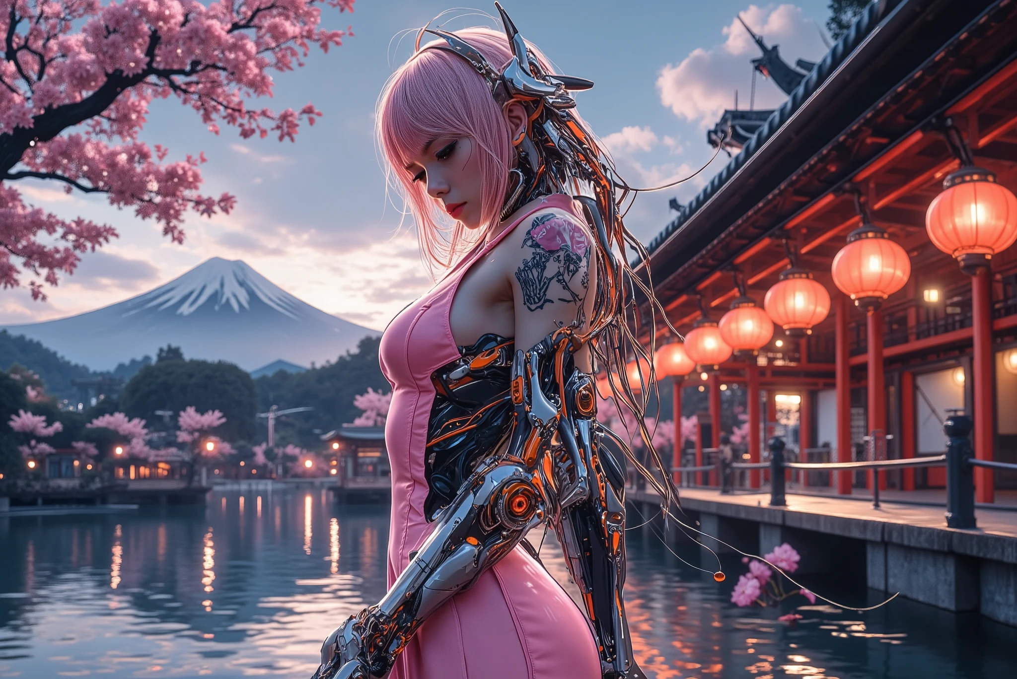 (Ultra-wide), (low-angle shot), a stunning young Japanese Cybernetic Girl, (top-quality, 8K, 32K, masterpiece, (The ultra -The high-definition), (Photorealsitic:1.4), Raw photography,Charming perfect figure,Beautiful and well-groomed face, Beautiful white skin,shiny skin, pink hair, wavy, shoulder-length hair and captivating amber eyes. She has long, thick eyelashes, shimmering metallic eyeshadow, subtle eyeliner, and glossy lips (open_mouth). Her finely sculpted nose and delicate facial tattoos add to her allure. (realistic hands), (detailed fingers), 

human limbs, Tubes connected to mechanical parts, Mechanical vertebrae attached to the spine, Mechanical cervical attachment to the neck, Wires and cables connecting to the head, Evangelion, ((Ghost in the Shell)),high-tech cybernetic implants, metallic orange plating, Multiple cables, wires connect from neck to the base of head, futuristic headset:1.2, mechanical earpieces, neon glow.

Her (big breasts:0.5), (lifted chest:1.2), (perky breasts:1.2), and (deep cleavage:1.4) enhance her curvaceous figure. Her toned arms feature elegant floral and tribal tattoos, complementing her cyber-enhanced aesthetic. She is dressed in a futuristic, form-fitting pink tank top with metallic straps and subtle reflective textures.

She stands slightly to the right corner of the frame, with the focus on her upper body from the waist up. The background blends a vibrant cyberpunk cityscape with traditional elements—glowing neon lanterns, (floating cherry blossoms:1.5), and a luxurious pool reflecting the ambient lights. In the distant background, (Mount Fuji:1.2) and (the iconic red Chureito Pagoda:1.2) are visible, adding a cultural contrast to the futuristic setting.

The overall composition is (highly detailed), with (ultra-realistic lighting), (cinematic depth), and a soft focus on distant elements. The anime-style artwork incorporates semi-realistic textures, ensuring a visually striking and immersive scene.