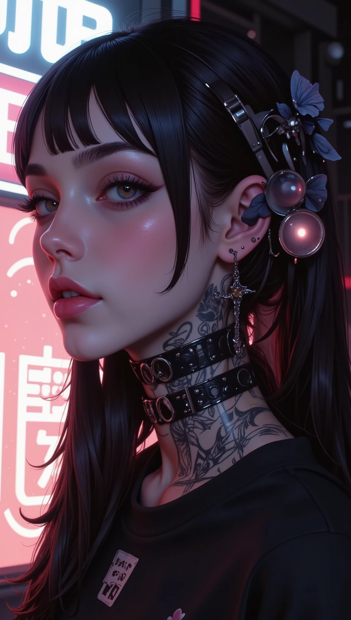a close-up of a woman with tattoos on her neck and face , Beautiful face of a cyberpunk girl, great digital art with details, she wears glasses you can see the reflection in the glasses of the glasses , digital art. highly detailed , Detailed woman, full lips in Angelina Jolie style , long false eyelashes , eye makeup blushed lips and cheeks , she wears earrings all over her ear like piercings and in the ovum of her ear she has an embedded ring, a piercing on her lips and nose , hyperrealistic art style , Brandon Woelfel, tattooed face, tattoos and piercings, realistic digital art 4k, realistic digital art 4 k, tattoo style, cyberpunk art style, Girl with glasses , chiaroscuro, cinematic lighting, Optical illusion, HD, UHD, Retina, masterpiece, Accurate, Anatomically correct, textured skin, Super detail, high details, high quality, award winning , best quality, highres, 1080P, HD, 16K