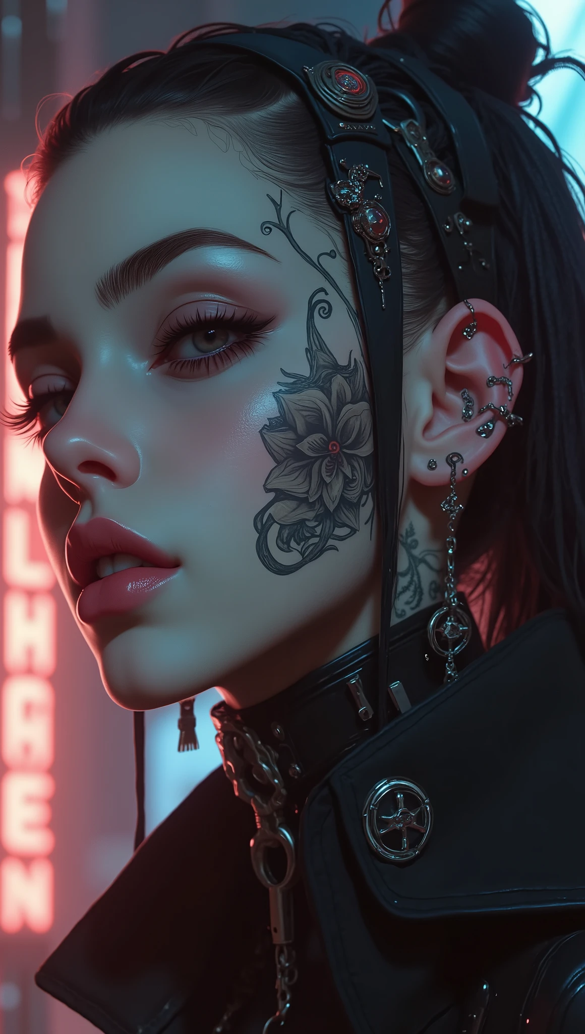 ((centered image, a close-up of a woman with tattoos on her neck and face , Beautiful face of a cyberpunk girl, great digital art with details, she wears glasses you can see the reflection in the glasses of the glasses :1.5)), digital art. highly detailed , Detailed woman, full lips in Angelina Jolie style , long false eyelashes , eye makeup blushed lips and cheeks , she wears earrings all over her ear like piercings and in the ovum of her ear she has an embedded ring, a piercing on her lips and nose , hyperrealistic art style , Brandon Woelfel, tattooed face, tattoos and piercings, realistic digital art 4k, realistic digital art 4 k, tattoo style, cyberpunk art style, Girl with glasses , chiaroscuro, cinematic lighting, Optical illusion, HD, UHD, Retina, masterpiece, Accurate, Anatomically correct, textured skin, Super detail, high details, high quality, award winning , best quality, highres, 1080P, HD, 16K