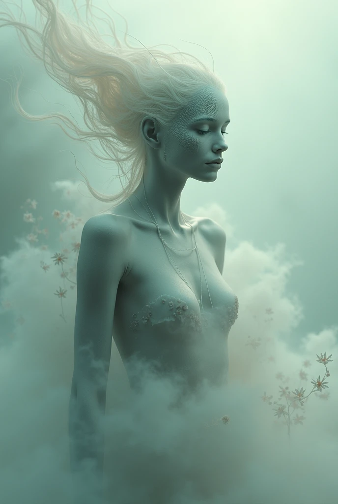 upper body of air elemental woman, small breasts, long white hair, blue eyes, (blue skin), transparent skin of blue smoke, detailed face, detailed realistic skin, thin body, flying on the blue sky, clouds and blue sky background, looking from below