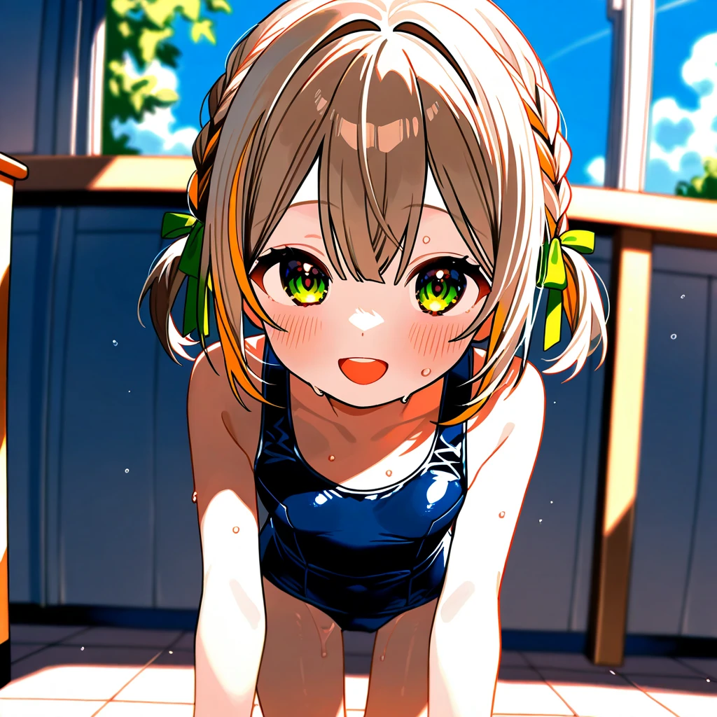 masterpiece,best quality,official art,extremely detailed CG unity 8k wallpaper, incredibly_absurdres, loli, short hair, brown hair, small breasts, bare legs, no legwear, green eyes, best quality, masterpiece, absurdres, highres, wallpaper, blue with green swimsuit, in summer, on the beach, Ōka Asahi