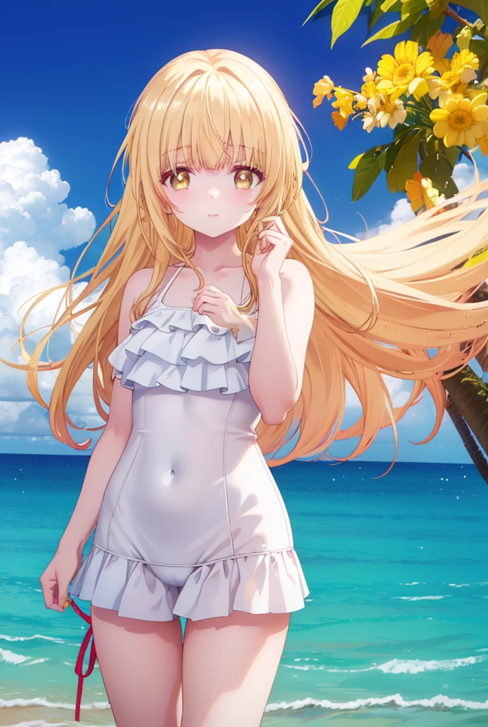 masterpiece, rich colors, Best quality, detailed, high resolution, Hyper quality, high detail, , high quality, detailing, skinny sexy girl on the beach , bright lighting , Brown eyes, Anime, palm trees, bright lighting, blonde,