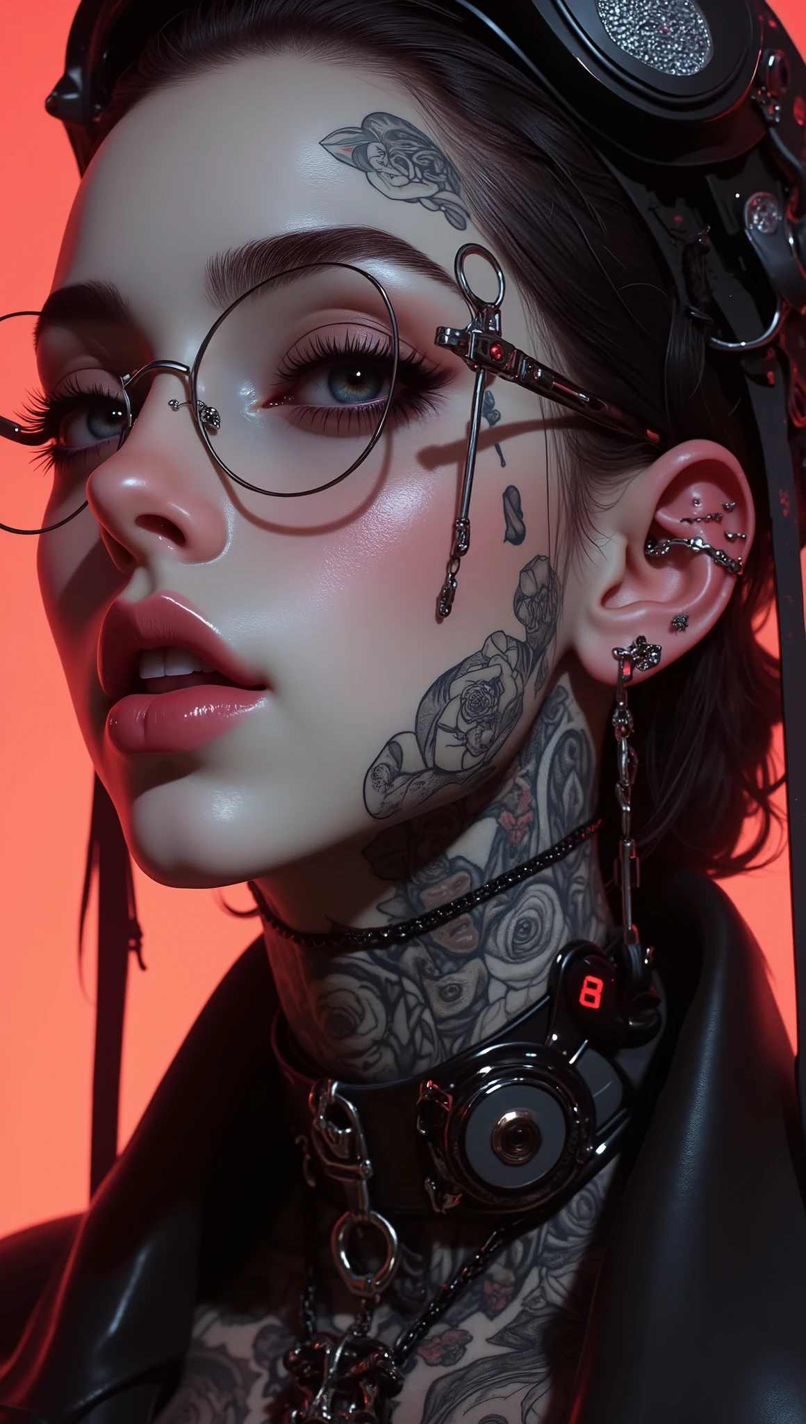 (( a close-up of a woman with tattoos on her neck and face , Beautiful face of a cyberpunk girl, great digital art with details, slightly biting her lower lip, sensually, she wears glasses you can see the reflection in the glasses of the glasses :1.5)), digital art. highly detailed , Detailed woman, full lips in Angelina Jolie style , long false eyelashes , eye makeup blushed lips and cheeks , she wears earrings all over her ear like piercings and in the ovum of her ear she has an embedded ring, a piercing on her lips and nose , hyperrealistic art style , Brandon Woelfel, tattooed face, tattoos and piercings, realistic digital art 4k, realistic digital art 4 k, tattoo style, cyberpunk art style, Girl with glasses , chiaroscuro, cinematic lighting, Optical illusion, HD, UHD, Retina, masterpiece, Accurate, Anatomically correct, textured skin, Super detail, high details, high quality, award winning , best quality, highres, 1080P, HD, 16K