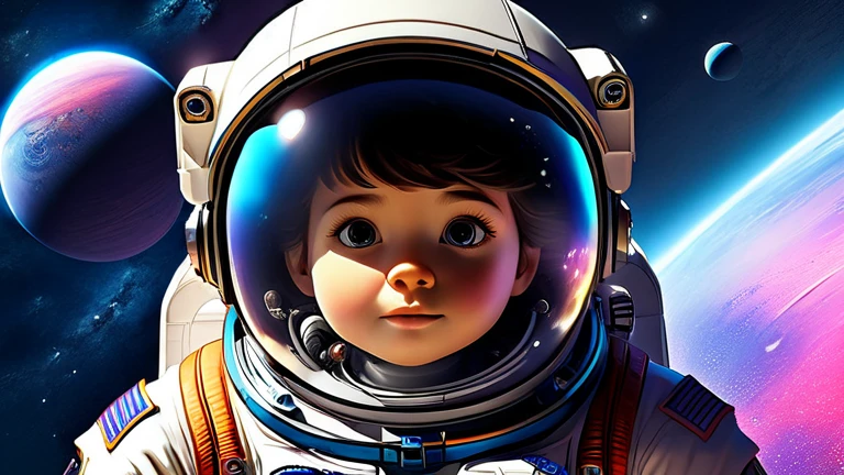 A girl lost in space, adorned in astronaut attire, gazes upon the breathtaking expanse with cinematic lighting. Her expression reflects a mixture of awe and wonderment as she beholds the cosmic wonders. The illustrative style takes inspiration from the visionary works of Chesley Bonestell, renowned for his realistic space illustrations. The color palette combines deep blues, cosmic purples, and shimmering silver, evoking the mystique of the universe. The camera angle captures the girl in a moment of solitary contemplation, highlighting her isolation amidst the vastness of space.