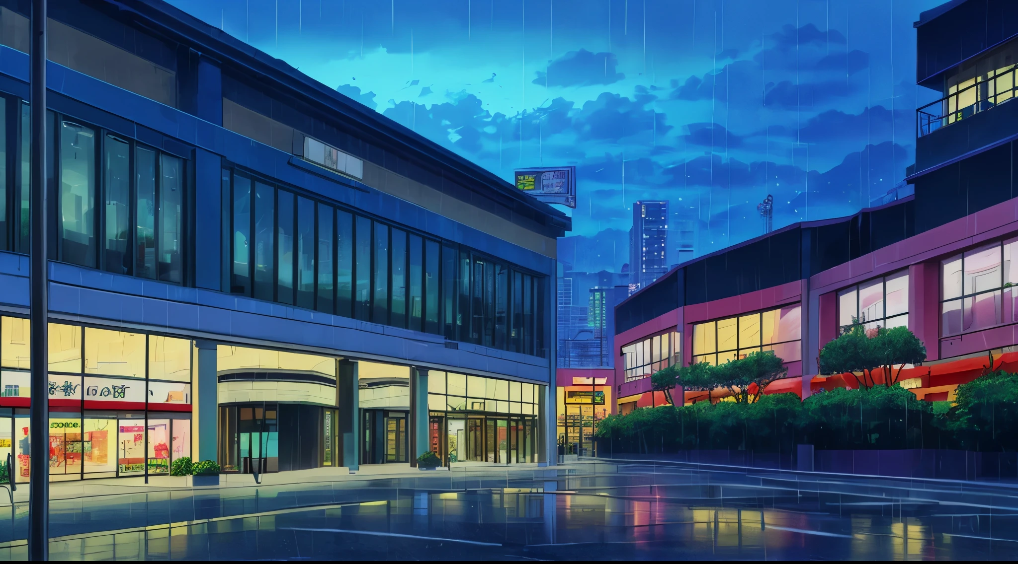 (Rain) (Raindrops) (Nightime)
(80’s Anime) (Classic) (Vintage) (Retro)
1980’s Japanese City of several buildings built in a modern contemperary architecture.
There is a very large Shopping Mall and Center
(View from the entrance of the Shopping Mall)