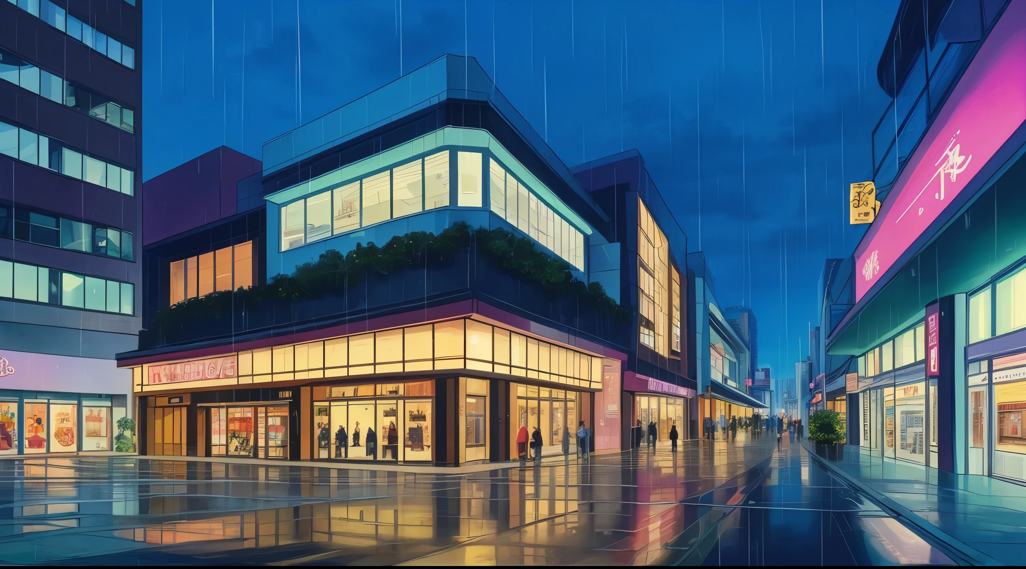 (Rain) (Raindrops) (Nightime)
(80’s Anime) (Classic) (Vintage) (Retro)
1980’s Japanese City of several buildings built in a modern contemperary architecture.
There is a very large Shopping Mall and Center
(View from the entrance of the Shopping Mall)
